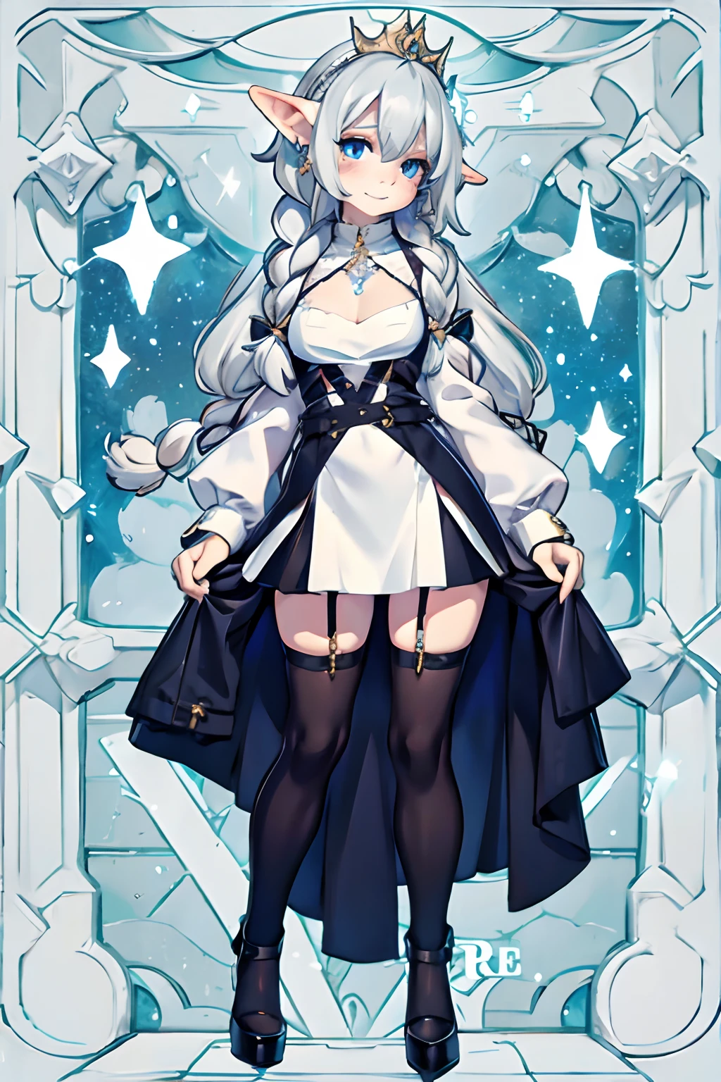 (masterpiece), best quality, detailed eyes, detailed face, professional photography, joyful, full body shot, 
BREAK,
High Elf, starry eyed, platinum hair, (ahoge french braid), white skin, (small breast:1.3), small hips, big waist,
BREAK, 
(diamond earrings), gold tiara, 
BREAK, 
silvanyan dress and pokies, 
BREAK,
black stockings, suspenders, high heels