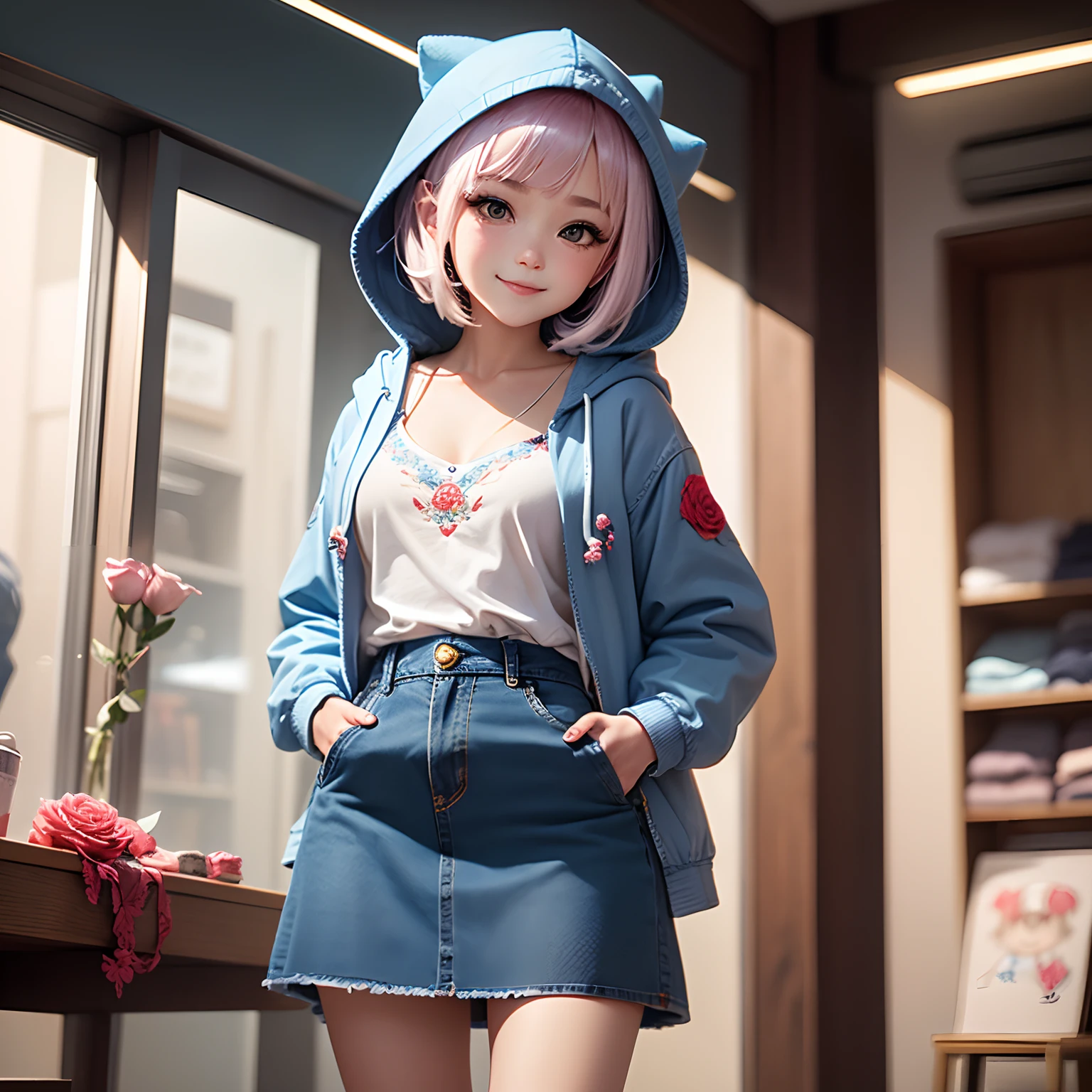 ​masterpiece、top-quality、ultra-detailliert、(Daughter of one chibi character:1.2)、White Bob、Blue Denim Hooded Coat、Blue Denim Camisole、Blue Denim Long Skirt、Gorgeous embroidery of roses on the entire surface、espadrilles、Standing、A smile、Inside the Chibi Denim Shop