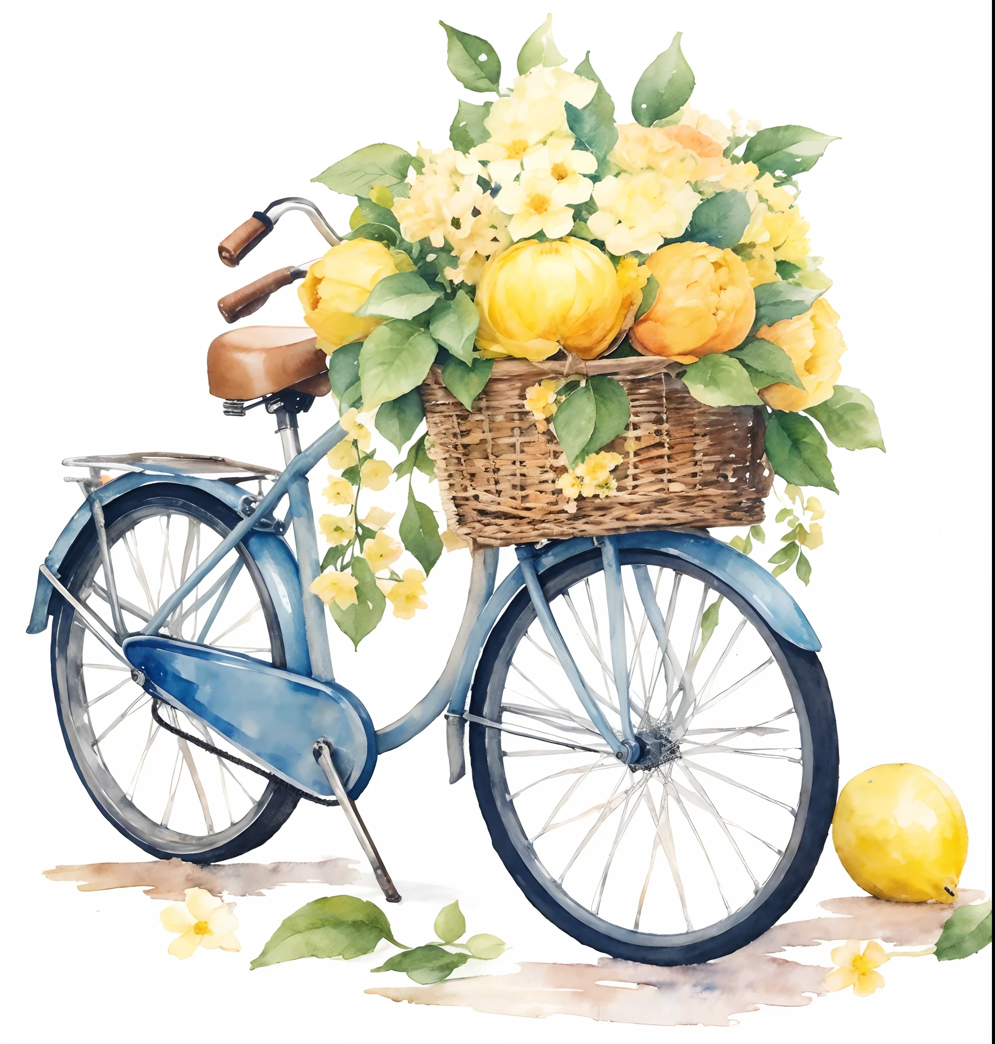 Handmade bicycle painting with watercolor, cestinha de vime na bicicleta
