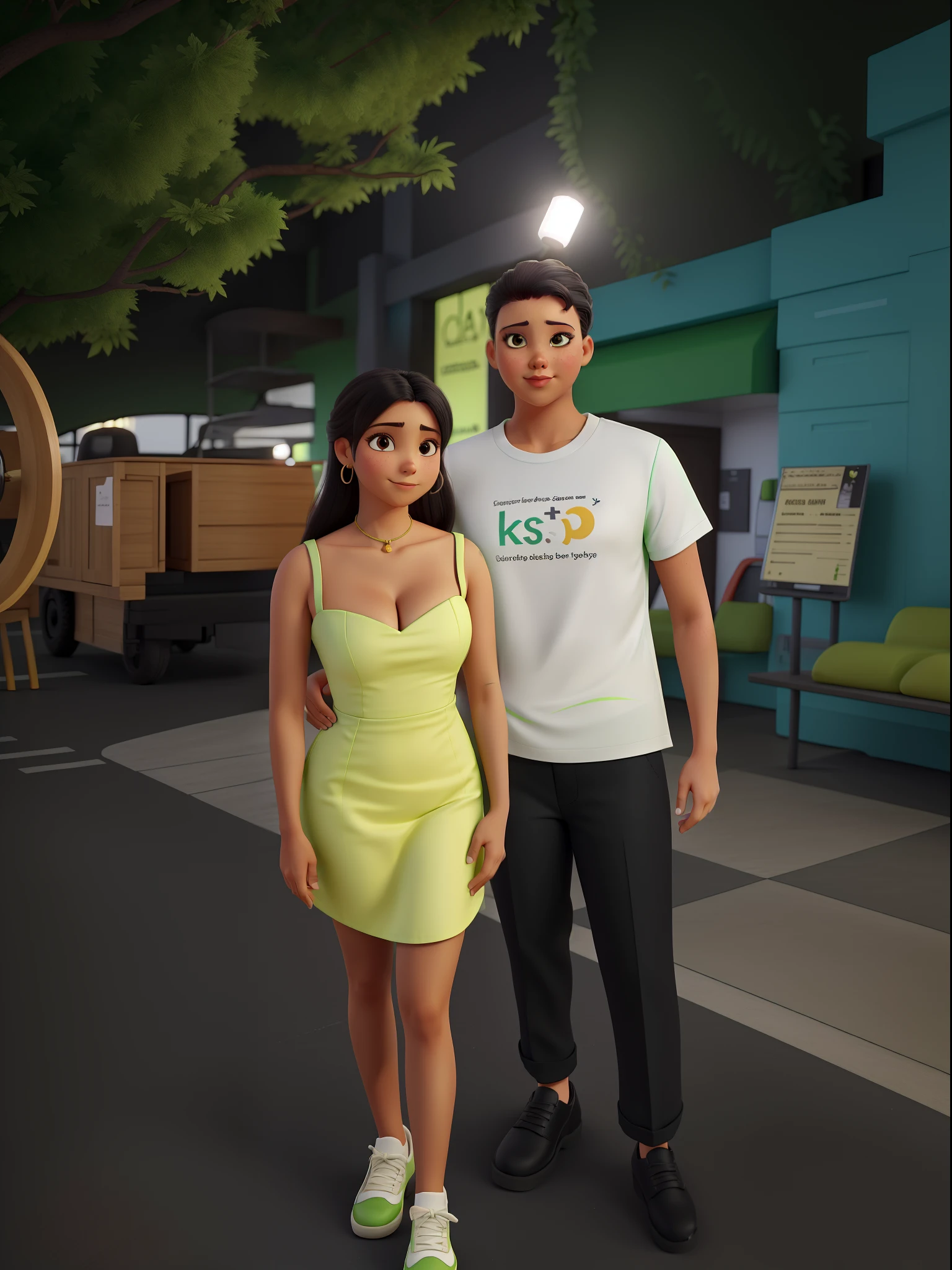 She's wearing a light green dress, mostrando bem os seios, sapato cor bege, ele de camisa branca com um detalhe vermelho, black pant, e sapato preto