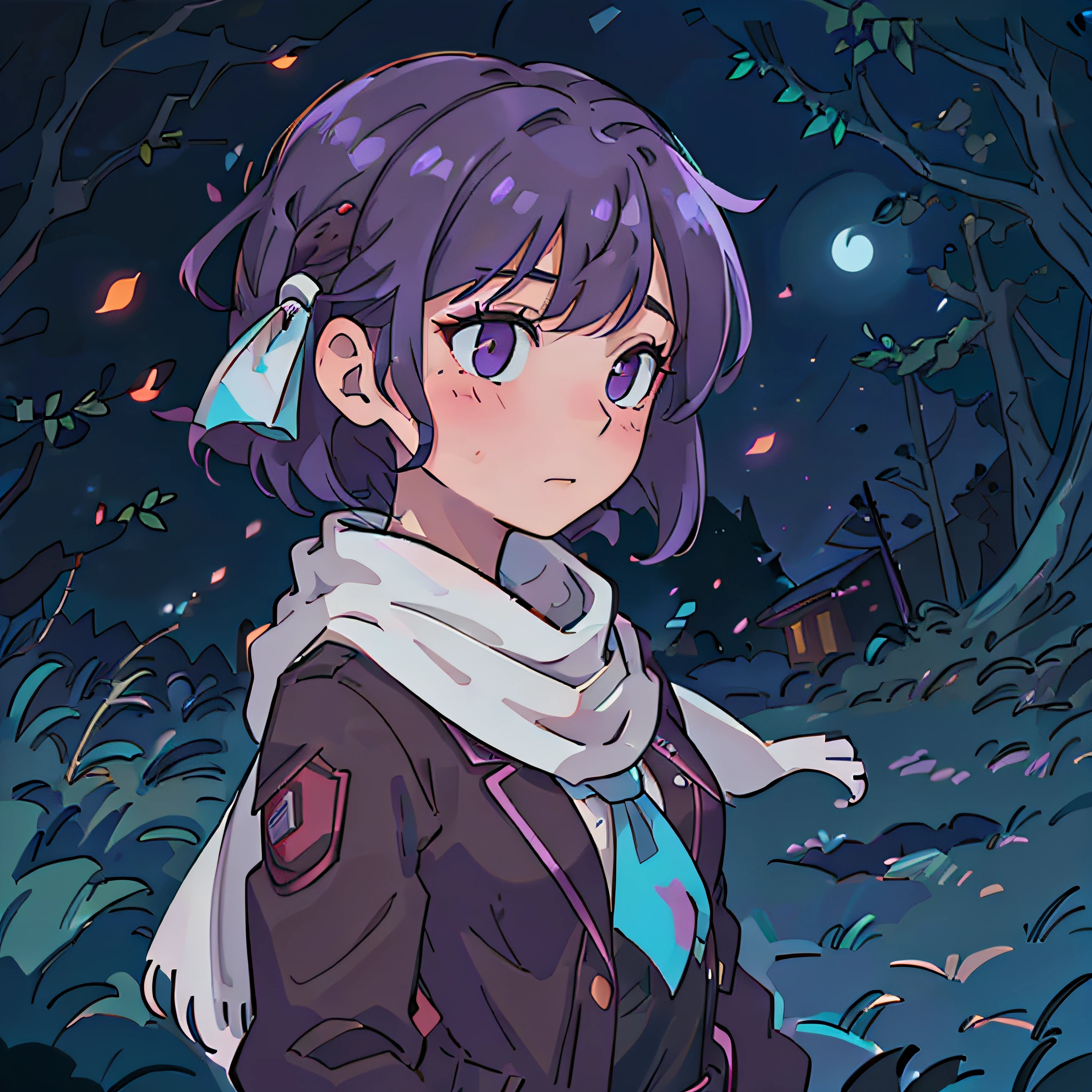mastepiece, profesional artwork, sharp image, best quality, high quality, ultra quality, 1girl, dark cyan and purple hair, multicolored hair,short hair, straight hair, casualwear, scarf, small breast, upper body, face focus, beautiful eyes, red eyes, glowing eyes, forest, falling leaves, outdoor, depth of field, moonlight, dust, night, beautiful lighting, detailed face, detailed background, detailed picture, blush, deatiled texture, bokeh background, heart eyes, hair ribbon, hair ornament, hair decoration, decoration, detailed decoration, cool look, feminime, look away, mature, low angle camera, modern, relaxing, dark night, glowing eyes, profile, modern clothes