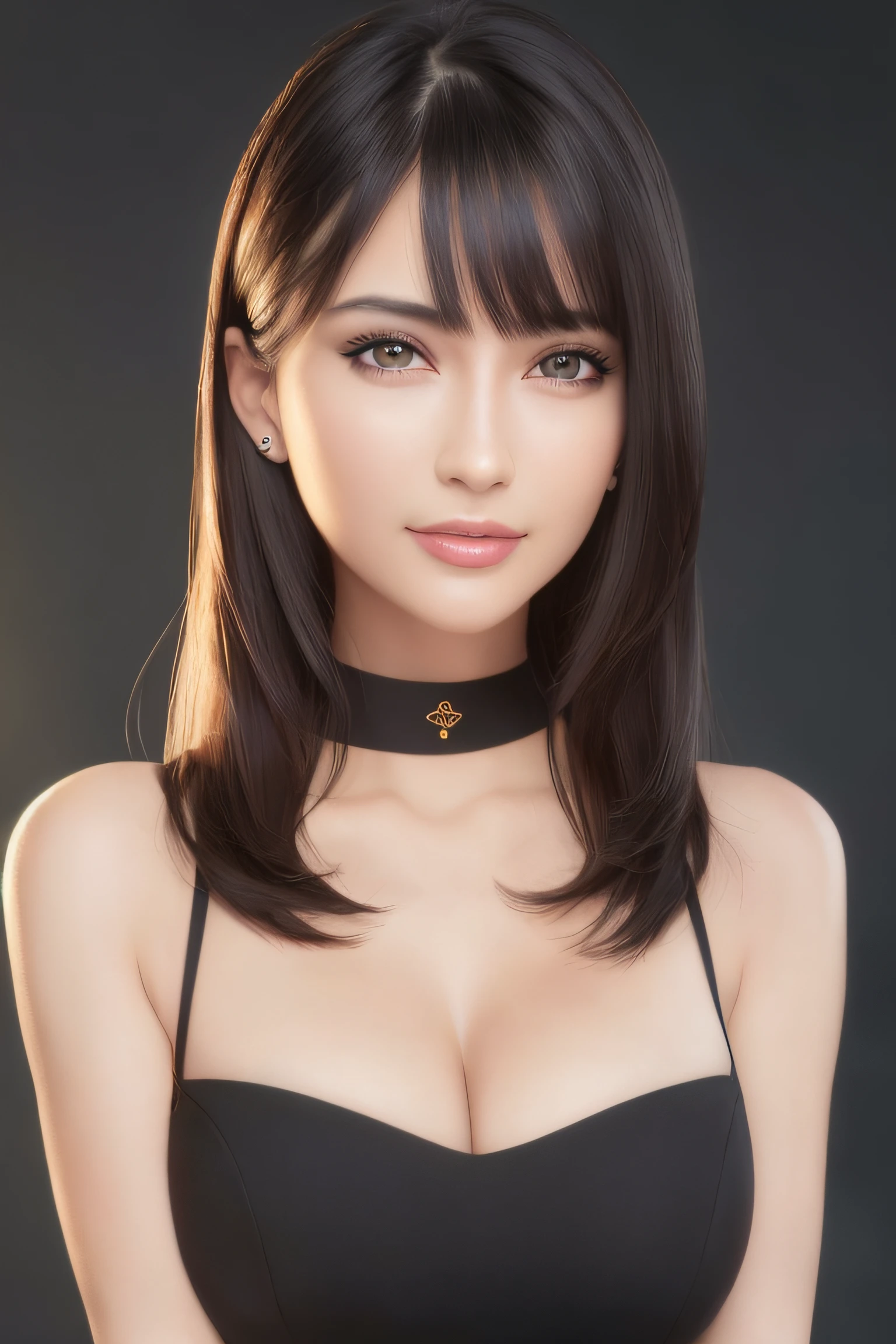 [(Hassleblad H6D-400c)], [(medium format image)],[(dreamy)],[(400 mega pixels)], (photorealistic:1.4), (RAW photo:1.2), (8k), (masterpiece:1.3), (realistic), (hyper-realistic), ultra-detailed, illustration, very_high_realistic:1.5 ,very_high_resolution:1.5, HDR, CG, unity, 8k wallpaper, Amazing ,finely detail, official art, extremely detailed CG unity 8k wallpaper, (best quality), incredibly absurdres, ultra-detailed, light on face, cinema lights, cinematic lighting, professional lighting, photon mapping, radiosity, physically-based rendering, solo focus, sharp focus,
highres, extremely detailed ,extremely delicate and beautiful, intricate detail, facial muscles, beautiful detailed girl, natural makeup, extremely detailed face,  looking away,

[(((smile, happy, grin, flustered)))],

1girl, ((solo)), [(long black hair with bangs)], [(finely detailed beautiful AMBER Yellow eyes: 2), symmetrical pupils, extremely detailed pupils], lustrous skin, show Clavicle, perfect skin, (adult face:1.2), (medium_breasts:1.3), slim body, narrow waist, Proper body proportion,perfect body, 
((business attire)), [black cotton choker],
[color background],