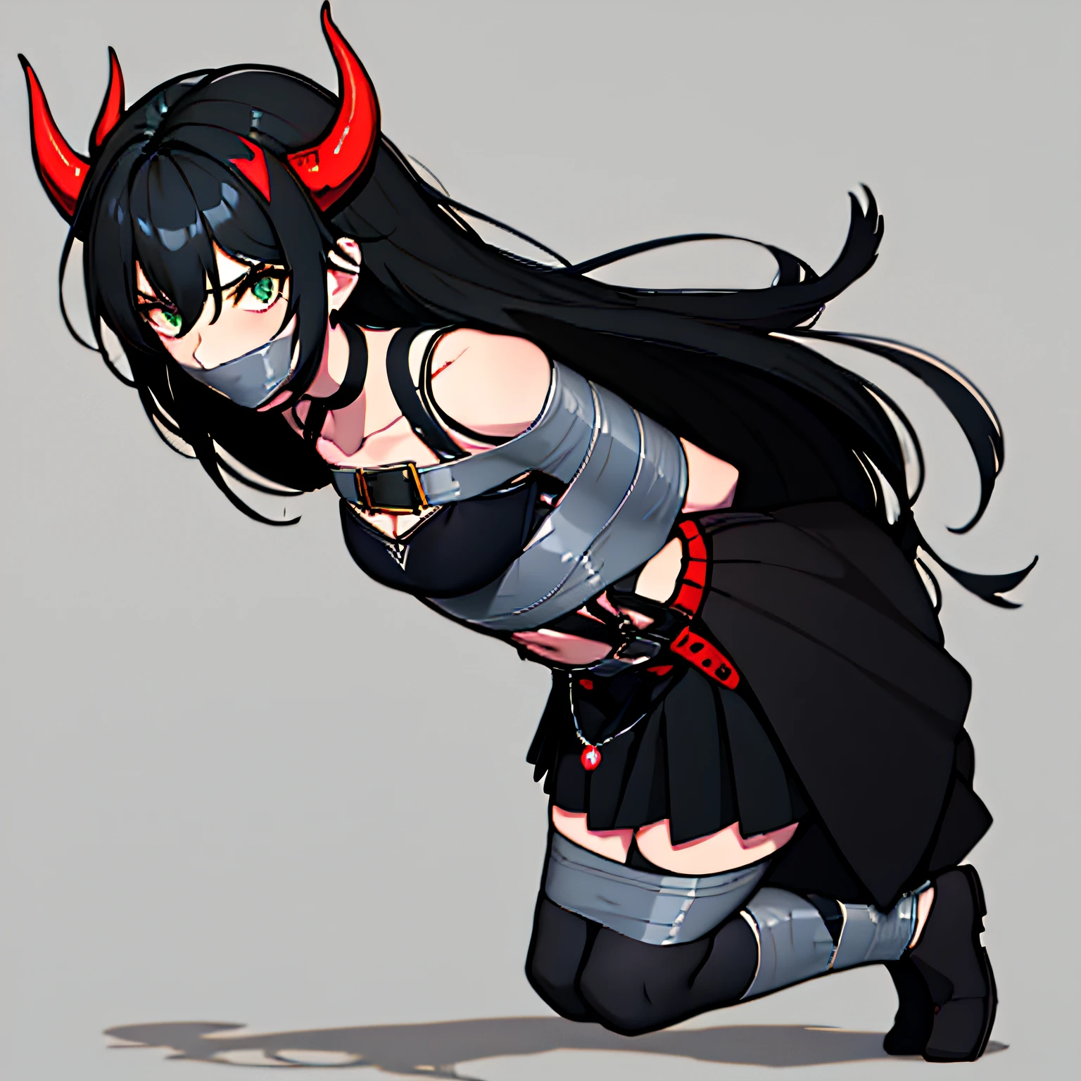 (absurdres, 8k, 4k, masterpiece, hyper extreme detailed:1.2), solo, 1girl, front view, perfect face, 1girl, portrait, expressive eyes, looking at viewer, solo, green eyes, standing, mature female, small chest, pale, long black hair, groan, casual wear, adult, looking forward, front view, black horns, confident, cautious, rational, messy hair, wind, windy, moving hair, moving clothes, swept bangs, front view, unyielding, mature body, tomboy, dragon tail, adult, black nails, wild hair, velvet crowe, scars, fatigue, Black Demonic Horns, Dragon Horns, Dragon Tail, fire, long skirt, hands in pockets, white shirt black letters, exposed shoulder, shoulder strap, suspenders, velvet crowe, velvet-outfit, bound, bondage, (arms behind back:1.4), bdsm, tape gag, tape, tape bondage, close-up, restrained, best anatomy, full body, tape wrapped, wrap gag, bondage, black tape, ropes, black ropes, chest harness, black horns, fire, fiery clothing,
