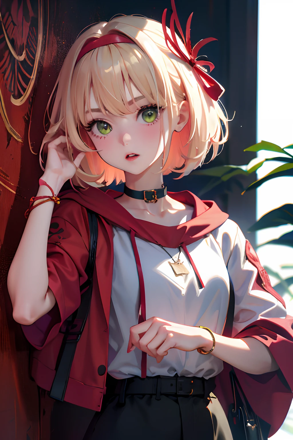 (Fine, beautiful eyes and detailed face)、cinematlic lighting、bustshot、the Extremely Detailed CG Unity 8K Wallpapers、(top-quality、hight resolution、8k、masterpiece:1.2)。Curvaceous but slender、Muchimuchi Body、Red Spider Lily Field、The whole area is filled with Red Spider Lily、Red Spider Lily、Grinning woman、Red Spider Lily sits in the middle of blooming。With a somewhat horror look、Eight teeth are characteristic。Wearing blood-soaked clothes、Has an ax。The crazy expression and the gap between her and the Red Spider Lily further enhance her beauty。Half-taken off hoodie、accessorized、mole、Eyebrows、double tooth、canine teeth、poneyTail、Muscular nose、Clear detailed green eyes、blondehair、Hats、校服、red blush、short-haired、a choker、Fleshy lips、Physical beauty、well-muscled、Raise bangs in a headband、Oforehead、Mysterious fashion、Street Fashion、Anime style、animesque、Oversized trousers、unreal、Fashion based on green and black、Backgrounds with depth、The background is a bright red spider lily field that spreads all over the area、10,000 Red Spider Lilies。a necklace、Bracelets、Misanga、arm band、colorful backdrop、Light and Wall Co-star、A small black cat clinging to his shoulder、Original face、(dark themed:1.3)、Dark Fantasy、