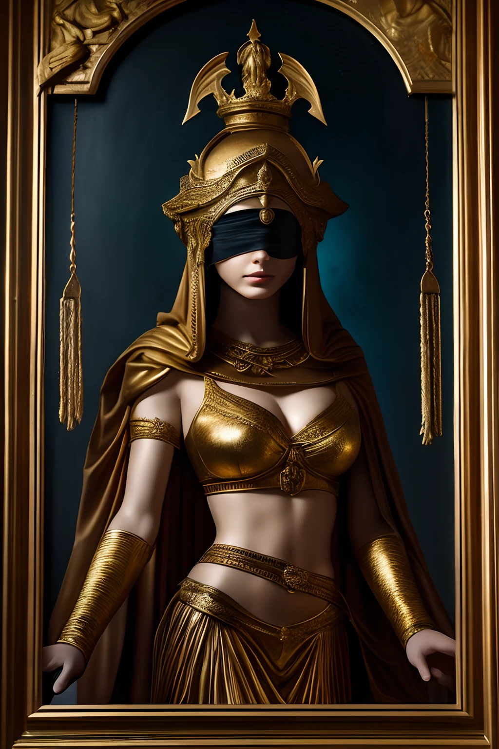 Themis is a stately, dignified woman, clothed in a mantle. In her left hand she holds a scale,big bust, microbikini, in her right — a double-edged sword. justice. Her eyes are covered with a blindfold. Dark golden tones of the painting