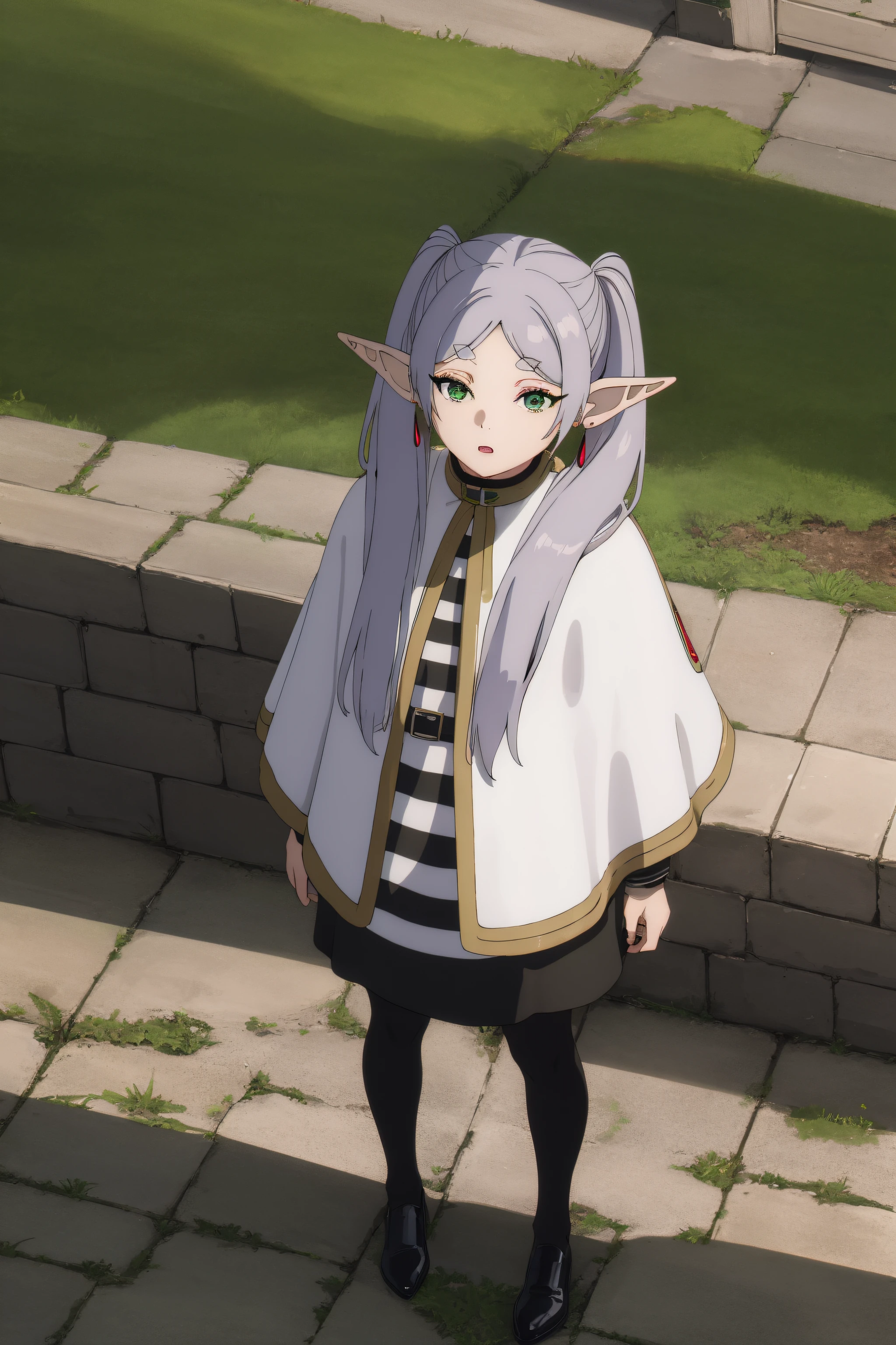 frieren, frieren, long hair, twintails, (green eyes:1.5), grey hair, pointy ears, elf,
BREAK shirt, long sleeves, jewelry, pantyhose, earrings, striped, black pantyhose, capelet, striped shirt,
BREAK looking at viewer, upper body, (full body:1.2),
BREAK outdoors, sky, nature,
BREAK (masterpiece:1.2), best quality, high resolution, unity 8k wallpaper,NSFW ,(illustration:0.8), (beautiful detailed eyes:1.6), extremely detailed face, perfect lighting, extremely detailed CG, (perfect hands, perfect anatomy),