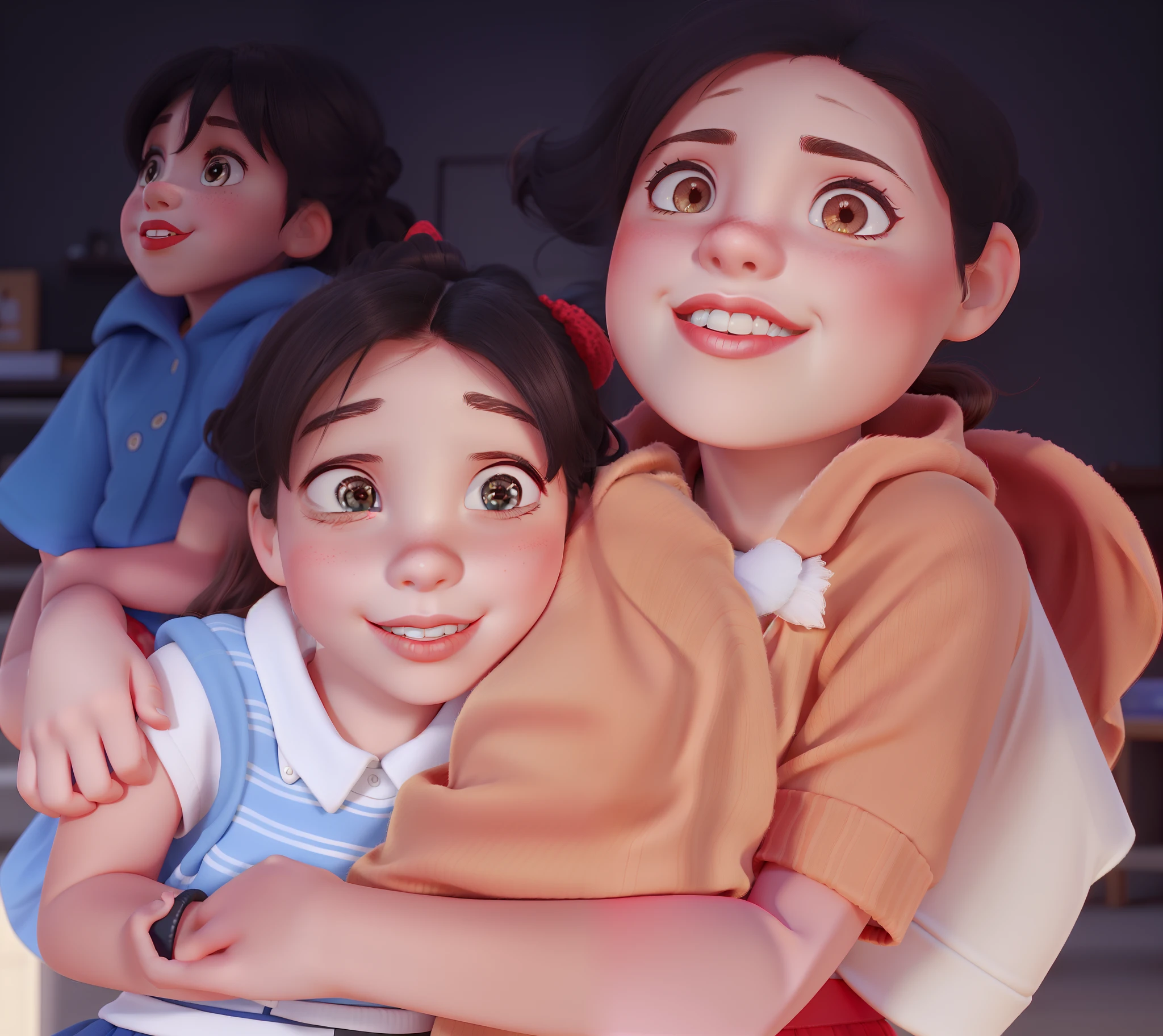 Two kids girls hugging each other with red lipstick