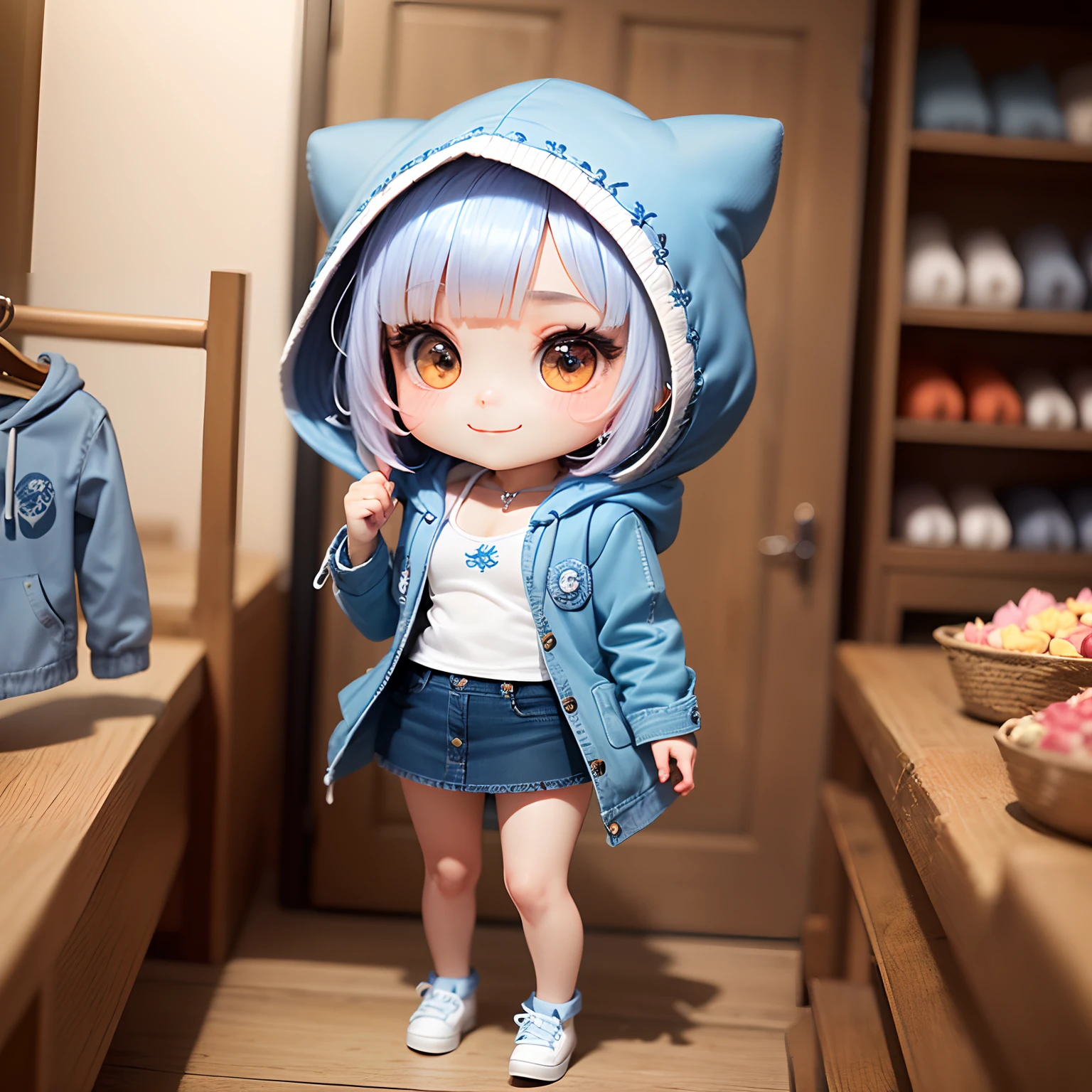 ​masterpiece、top-quality、ultra-detailliert、(The daughter of a one-man chibi character:1.3)、White Bob、(Blue Denim Hooded Coat:1.2)、(Blue Denim Camisole:1.1)、(Blue Denim Long Skirt:1.2)、Ornate embroidery of roses throughout、espadrilles、Standing、A smile、Inside a chibi denim shop
