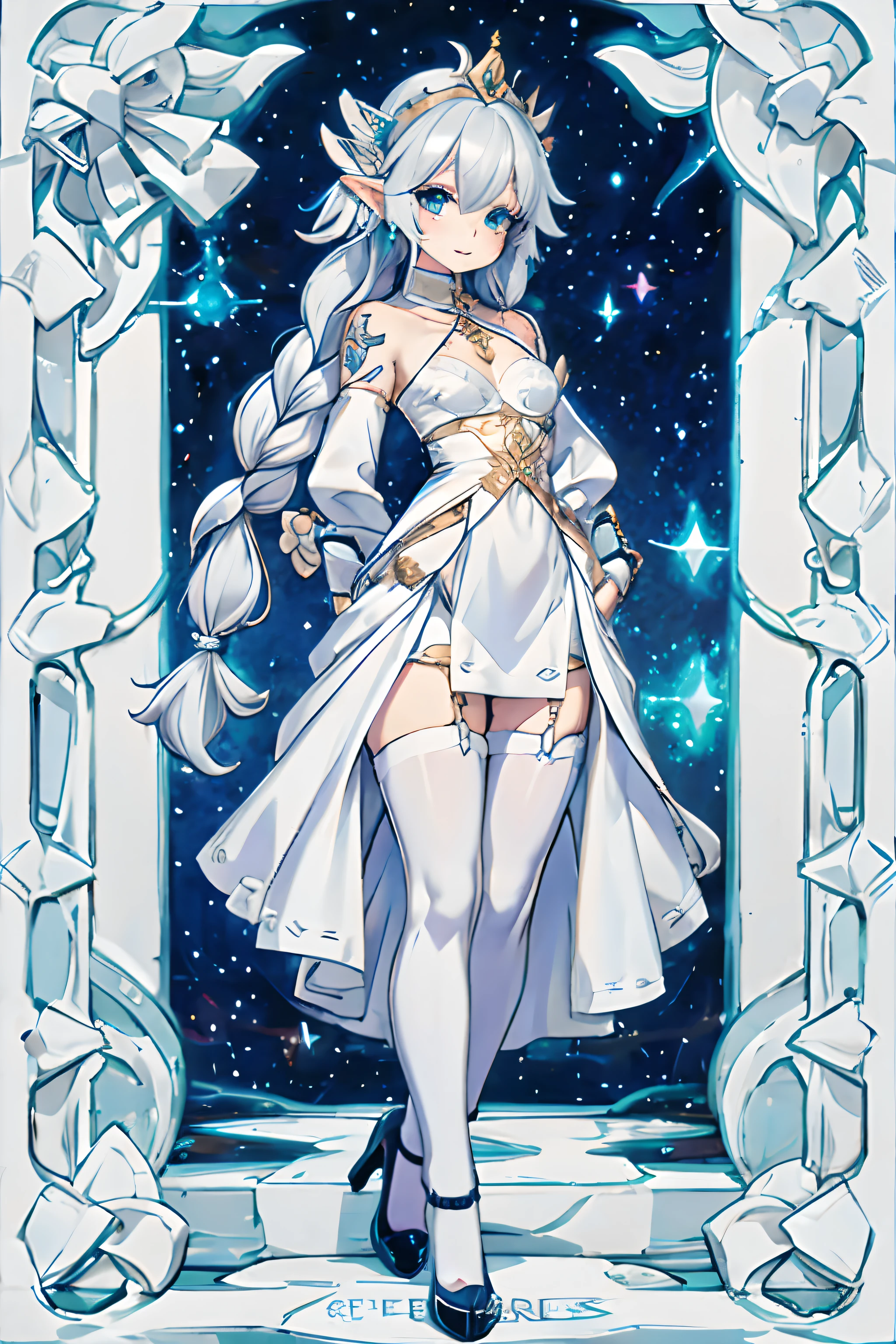 (masterpiece), best quality, detailed eyes, perfect face, professional photography, joyful, natural lighting, full body shot,
BREAK,
(1 girl), High Elf, starry eyed, platinum hair, (ahoge french braid), white skin, (small breast:1.3), small hips, big waist,
BREAK,
((face tattoo:1.0)), (diamond earrings), gold tiara,
BREAK,
silvanyan dress and pokies,
BREAK,
black stockings, suspenders, high heels