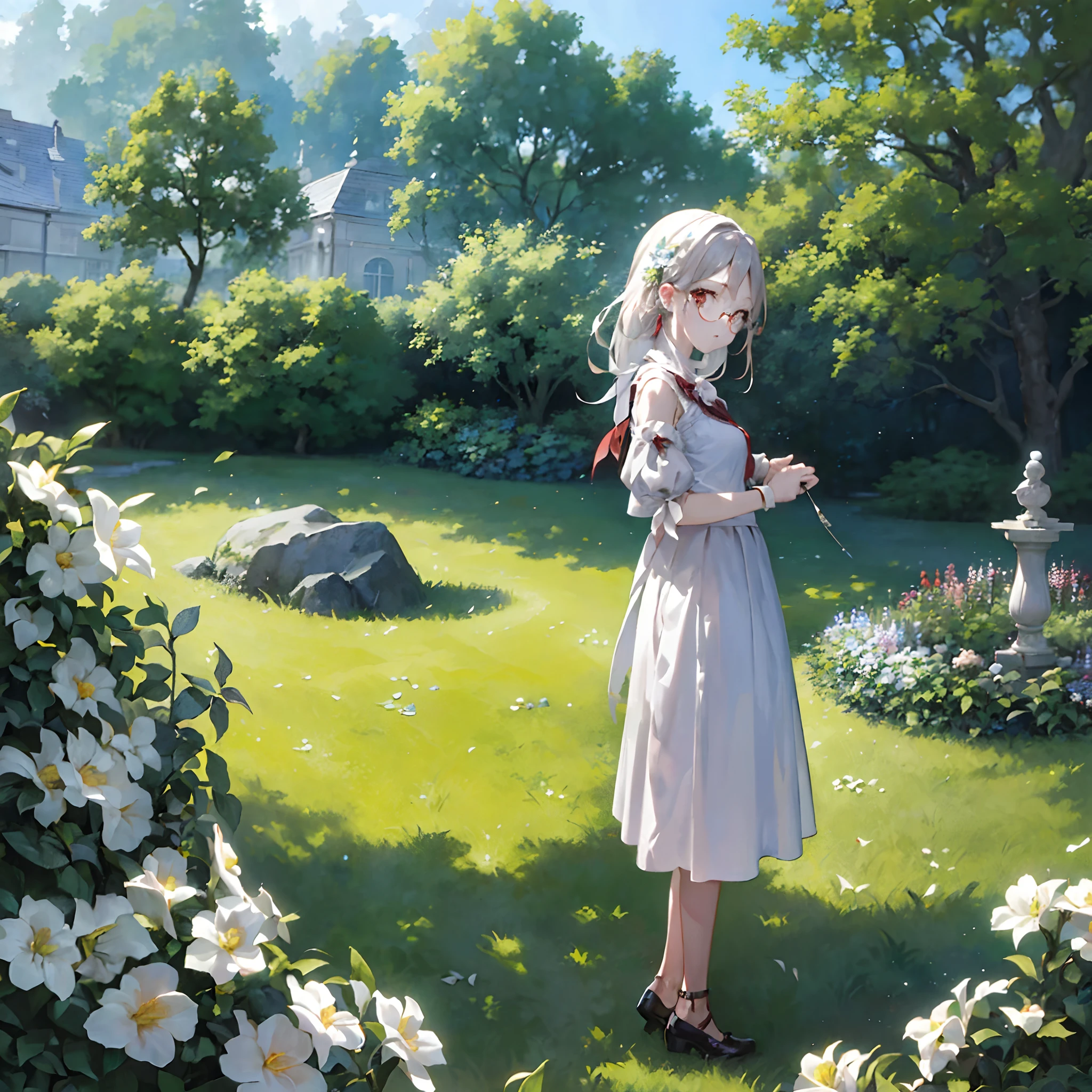 (​masterpiece、top-quality、top-quality、Official art、Beautifully Aesthetic:1.2)、1girl in、独奏、Stand in the garden、looking at the viewers、eye glass