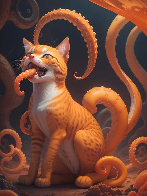 there is an orange animal cat with octopus tentacles in your mouth, teeth and tentacles, many suckered tentacles, cat detailed