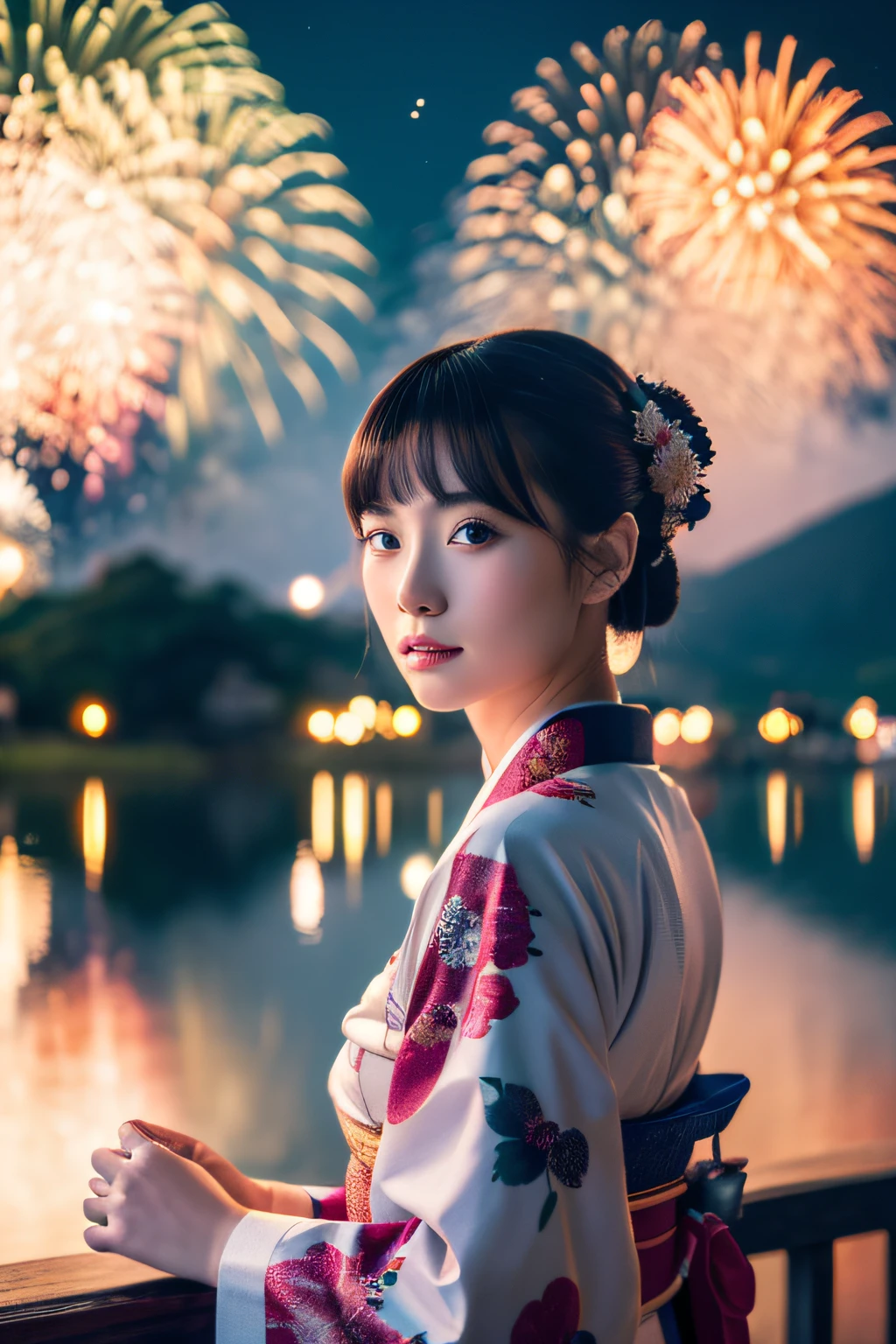 (top-quality,8K,masterpiece),Girl in kimono in front of a lake with fireworks, Extraordinary beauty,Very beautiful Japan models,Bewitching look, Beautiful portrait,Colossal tits, guweiz, palatial palace , Beautuful Women,
