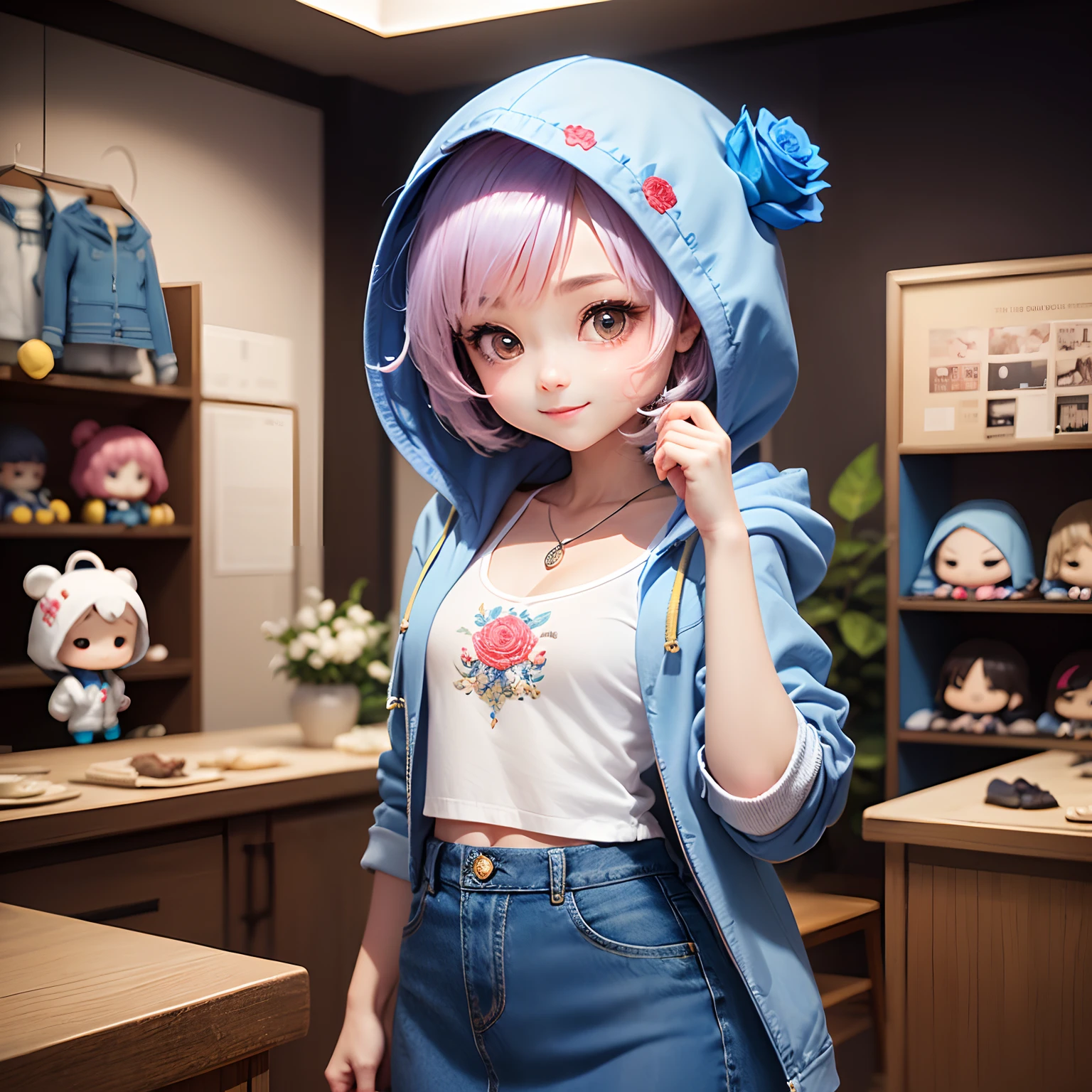 masterpiece、top-quality、ultra-detailliert、(The daughter of a one-man chibi character:1.3)、White Bob、(Blue Denim Hooded Coat:1.2)、(Blue Denim Camisole:1.1)、(Blue Denim Long Skirt:1.2)、(Ornate embroidery of roses throughout:1.1)、Denim Sneakers、Standing、A smile、Inside a chibi denim shop