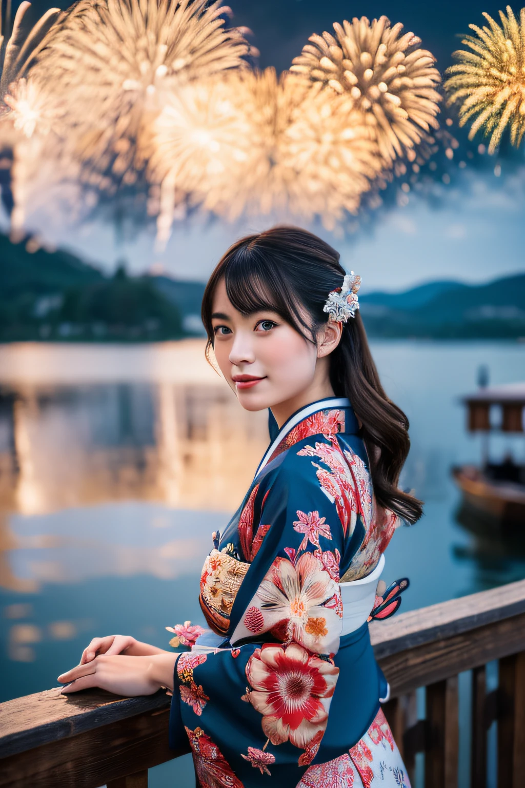 (top-quality,8K,masterpiece),Girl in kimono in front of a lake with fireworks, Extraordinary beauty,Very beautiful Japan models,Bewitching look, Beautiful portrait,Colossal tits, guweiz, palatial palace , Beautuful Women,