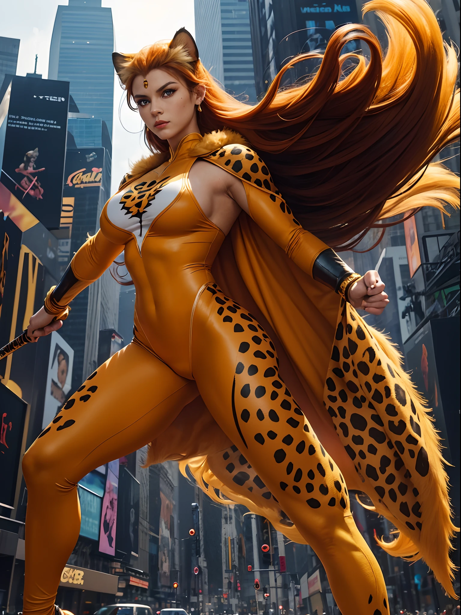 In New York, Time Square, beautiful woman, 25 years old, style, Cheetara thundercats is a fearless warrior. Athletic Body: Cheetara has a slim and athletic body, with well-defined curves. Hair of a cheetah: Full body with yellow fur and dark spots like the hair of a cheetah, she is agile and fast, reflecting her feline nature. Full body with yellow fur with dark spots with hair from a cheetah, a type of large feline. Orange Clothing: She wears a tight-fitting dark orange outfit, which covers most of her body, but leaves her arms and legs uncovered. The costume also includes a short cape. Big Blue Eyes: Cheetara has expressive blue eyes, which often reflect her intelligence and determination. Jewelry and Equipment: She wears a golden tiara on her forehead and golden earrings in her ears. Additionally, she is often seen with a staff that can transform into a nunchaku, which she uses skillfully in combat. Strong and decisive. Her fighting ability is impressive but without a doubt her greatest power lies in her unparalleled speed, superior to any motorized land vehicle. She has a stick as a weapon. Furthermore, she is powerful and was trained by Jaga, in New York, (athletic body: 1.4), (orange hair: 1.3), (hanging breasts: 1.3), (full breasts: 1.4), (realism: 1.5), (Realisitc: 1.4), (Absurdity: 1.4), 8k, ultra-detailed, Detailed Beautiful Woman, (Only one: 1.4), 1girl, (Viewer facing: 1.2),