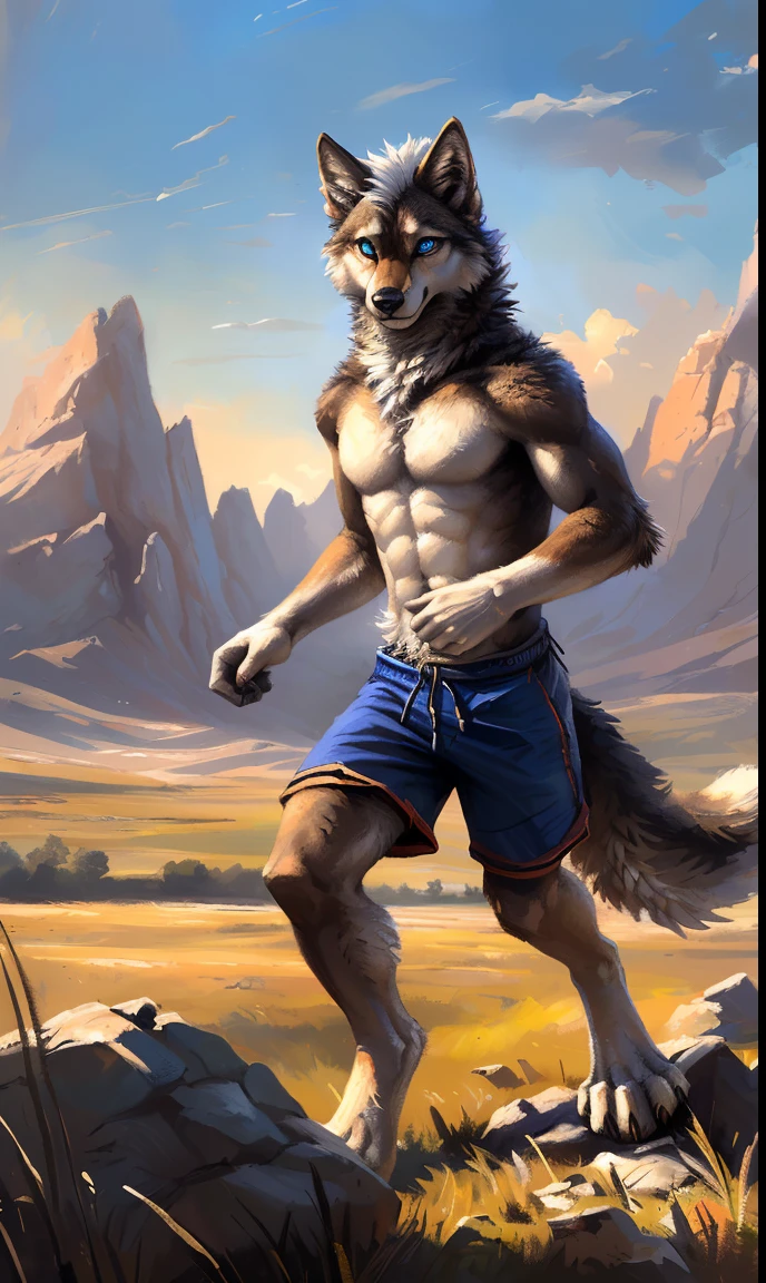 ((Solo)), male people, anthro wolf, (Multi-colored fur, White-brown:1.3,White tail pointed), (Height 2.1m,Tail length 1.2m), ((Wolf face, Big eyes, White eyelids, Blue pupil, Slim:1.2) (Tough, Calm expression:1.2)), Abs, Slim, pinging)), (Correct anatomy), (Work shorts:1.1), The upper body naked, (detailed outfits),A long big tail,Feet,(Realistic fur, Detailed fur texture, labeled:1.3)), (Natural lighting), Photorealistic, Hyperrealistic, ultradetailed, by Kenket,Field,erect through,Running on