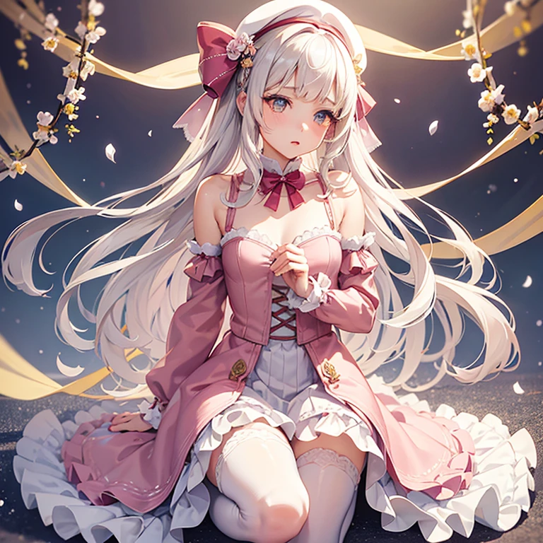 extremely delicate and beautiful girl, Extremely delicate and beautiful, intricate detailes, Whole body, Girls Front, focus on girl, Head tilt,looking away, Petite, 1 girl, Young girls, long light wavy hair, Hair and flowers, Air bangs, Beautiful and detailed rune tails, Beautiful white hair, Beautiful face, ^ ^, lovely big eyes, Perfect hands, Small breasts, zettai ryouiki, Light brown eyes, Hair and clothes are flowers, White beret with bow knot, Fur trim, Beautiful detailed flowers, Pink lace and white dress with yellow decoration, cross-laced footwear, Snow, Wallpaper 8k CG, hyper quality, Gorgeous and rich graphics,