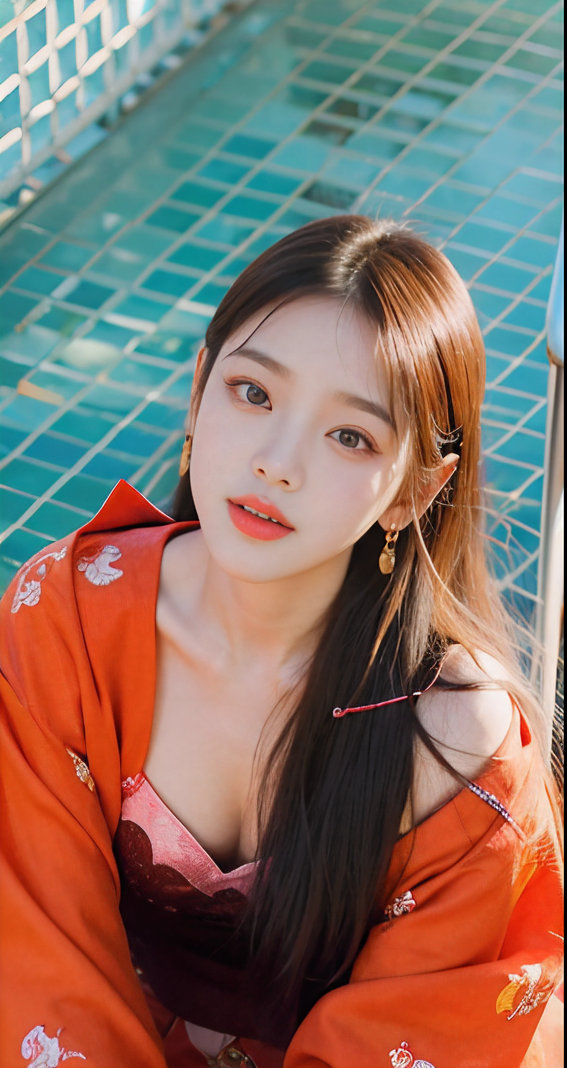 The long-haired woman leaned against the railing,With his eyes closed, bae suzy, On a sunny day, krystal, portrait jisoo blackpink, hot with shining sun, girl wears a red dress, shot at golden hour, Wearing a red cheongsam, Portrait shooting, photoshoot, Album art, ulzzangs, jisoo of blackpink, red velvet, jisoo from blackpink,Open,largeeyes,Open,Open,Wide eyes