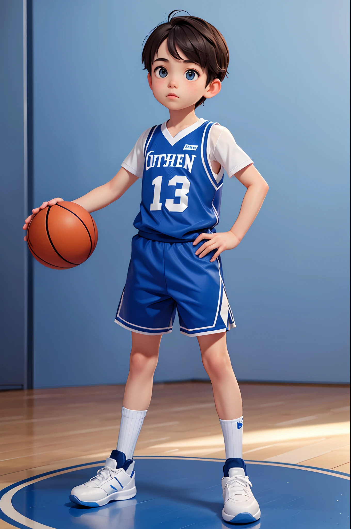 A little boy in a blue and white basketball jersey，Full body photo，Handsome，adolable，Pure white background，Masterpiece，2k，Best Picture Quality，The most exquisite