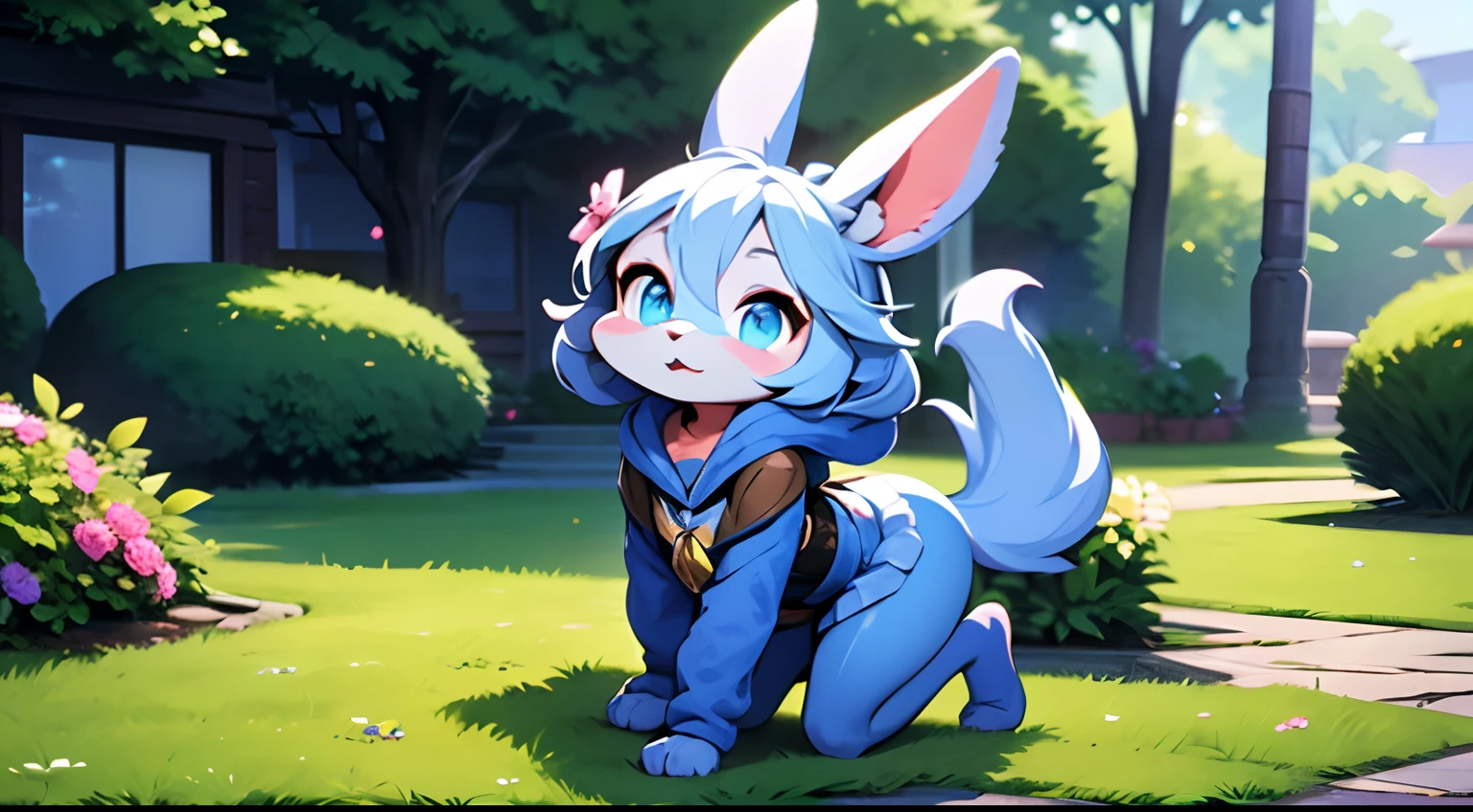 Close-up of blue cartoon characters, vivy, kda, krystal from star fox, judy hopps（Judy Hopps）of the whole body, Judy Hopps, astri lohne, Blue bunny ears，looking to the camera，比基尼，SFW version, qiyana, sfv, Full body view，trpical garden，fresh flowers，Casa，rossdraws cartoon vibrant, brown tanned skin, offcial art, from league of legends, Stylized anime, from overwatch