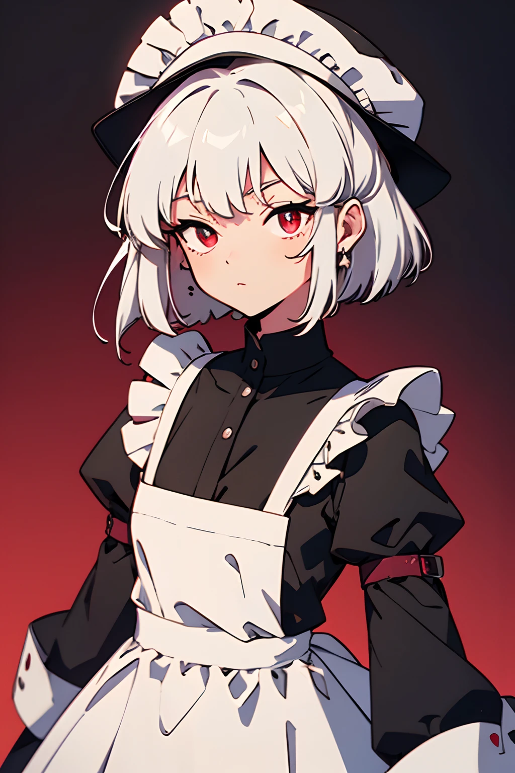 Red Eyes, short white hair, maid dress, flat chest, Black Soft Hat, bore, Long sleeves, Black long dress, Shaded eyes