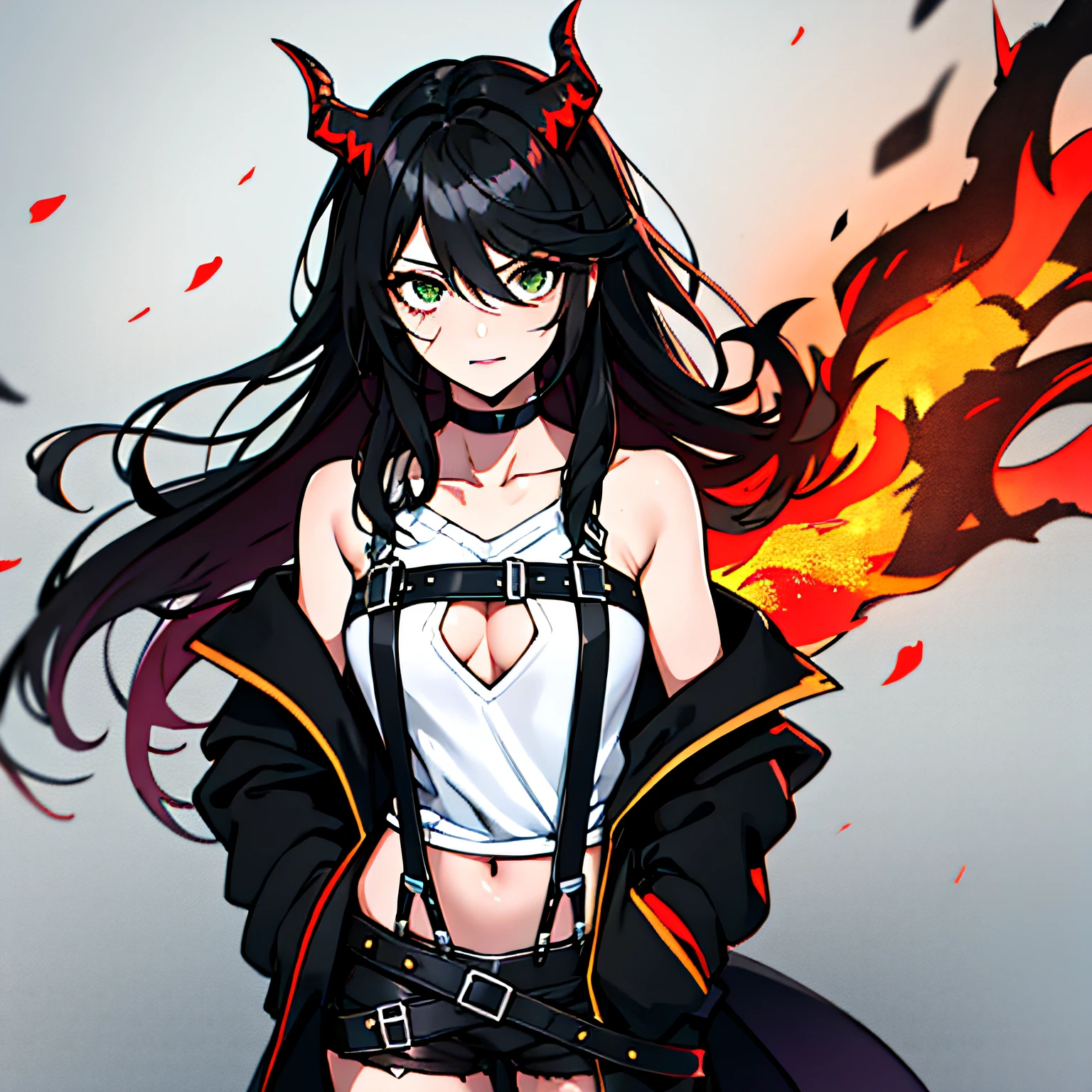 (absurdres, 8k, 4k, masterpiece, hyper extreme detailed:1.2), solo, 1girl, front view, perfect face, 1girl, portrait, expressive eyes, looking at viewer, solo, green eyes, standing, mature female, small chest, pale, long black hair, groan, casual wear, adult, looking forward, front view, black horns, confident, cautious, rational, messy hair, wind, windy, moving hair, moving clothes, swept bangs, front view, unyielding, mature body, tomboy, dragon tail, adult, black nails, wild hair, velvet crowe, scars, fatigue, Black Demonic Horns, Dragon Horns, Dragon Tail, fire, long skirt, hands in pockets, white shirt black letters, exposed shoulder, shoulder strap, suspenders, velvet crowe, velvet-outfit, chest harness, black horns, fire, fiery clothing,
