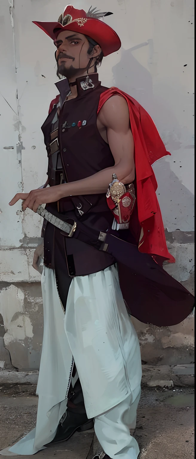 Homem, pele morena,pirata , jaqueta vermelha, Red musketeer hat