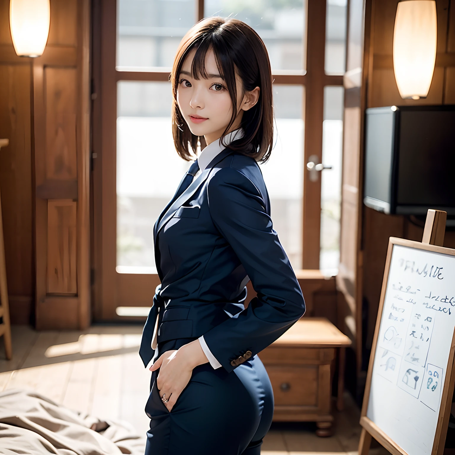 (masutepiece, Best Quality:1.2), 8K, Official art, Full body photo, full body Esbian、Emma fastening her tie.trouser、Cute smile、feet shoulder-width apart、slender and neat legs、Standing、A dark-haired、14years、small tits、A delightful、A smile、unbelievable Ridiculous, (Upper body, Dark blue suit:Cute Tie 1.4), Beautiful Girl, Pretty Face, arching back down, cute butt、Gold hair ornament on hair、Wearing a cute suit、Decide on a pose、close up, Wearing a suit, Short sleeve, gardenia, violaceaess, Teen, mysterious background, Looking at Viewer, Film grain, chromatic abberation, Sharp Focus, face lights, Dynamic lighting, Cinematic lighting, Eyes and faces with detailed, Bokeh background, (Tie with Emma written on it、1 copy:1.2)