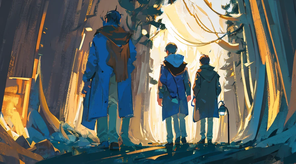 Three boys passing through the forest on a moonlit night,You can only have one moon, Boy Carrying a Lamp