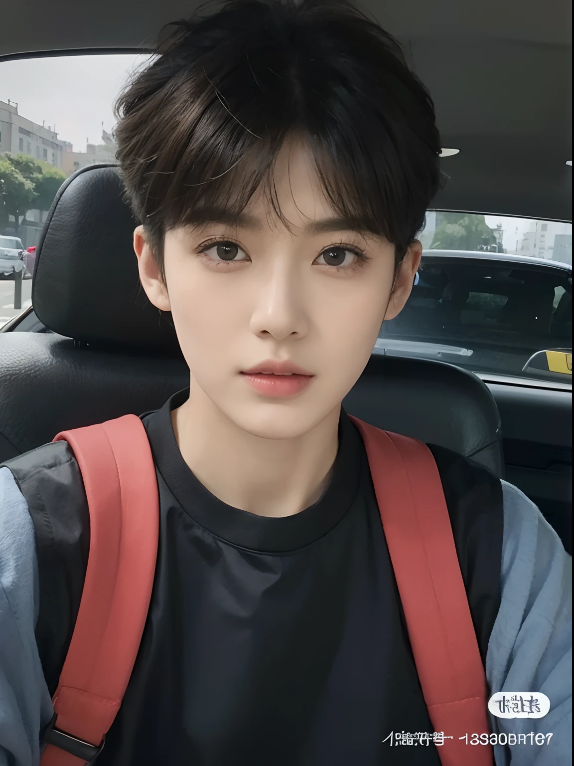Best quality,Masterpiece,超高分辨率,(Realisticity:1.4), 1boys, 独奏, short detailed hair, largeeyes, Brown coat,围巾, ((The upper part of the body:1.3)), dramatic lighting, looking at viewert, standing on your feet, exteriors, yuki, view over city, the street, buildings,