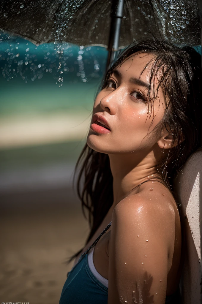 (Aesthetic, Hi-Res: 1.2), Professional Photographer, Exposed Art, intimate moments, Sexually liberated, Passionate mood, fascinated expression, Subtle features, sensual lip, Wet lips, Half-closed seductive eyes, exposed clothes, alluring glance, suggestive pose, strong lighting, Vivid colors, Intimate environment, eroticism , Provocative lower body visuals, Southland, the beach