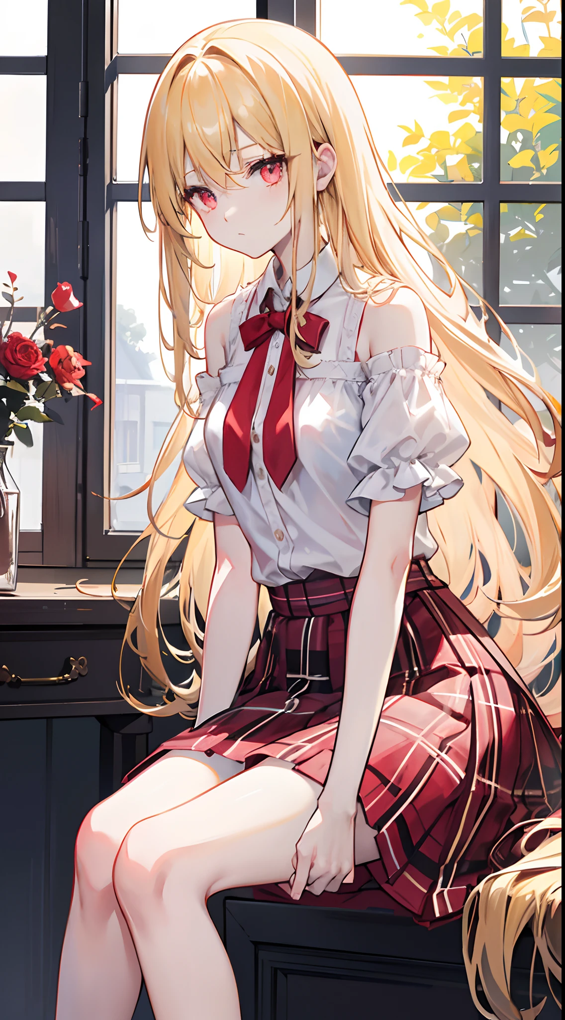 Long blonde hair，Straight hair is emanated，red color eyes，Eye highlights，short plaid skirt，Plaid off-the-shoulder shirt with short sleeves，open waist，black lence stockings，sadness look，Sitting in a small room looking out the window，Sit at your desk，Outside the window, a shooting star streaked by，Girls of medium stature