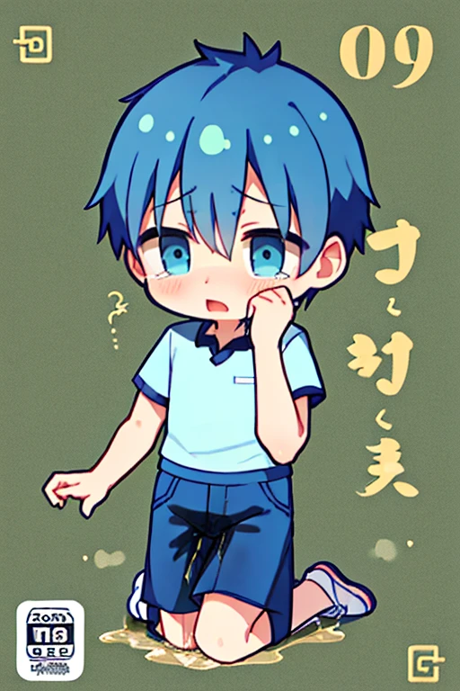 Two Chinese boys around 9 years old,Slightly thin in normal body shape,He wears a light blue short-sleeved shirt,Light blue shorts,espadrilles,Cover your face with your hands and cry,Urgency to pee pants,Kneel,A burst of urine