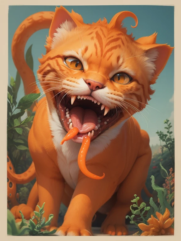 there is an orange animal cat with octopus tentacles in your mouth, teeth and tentacles, many suckered tentacles, cat detailed