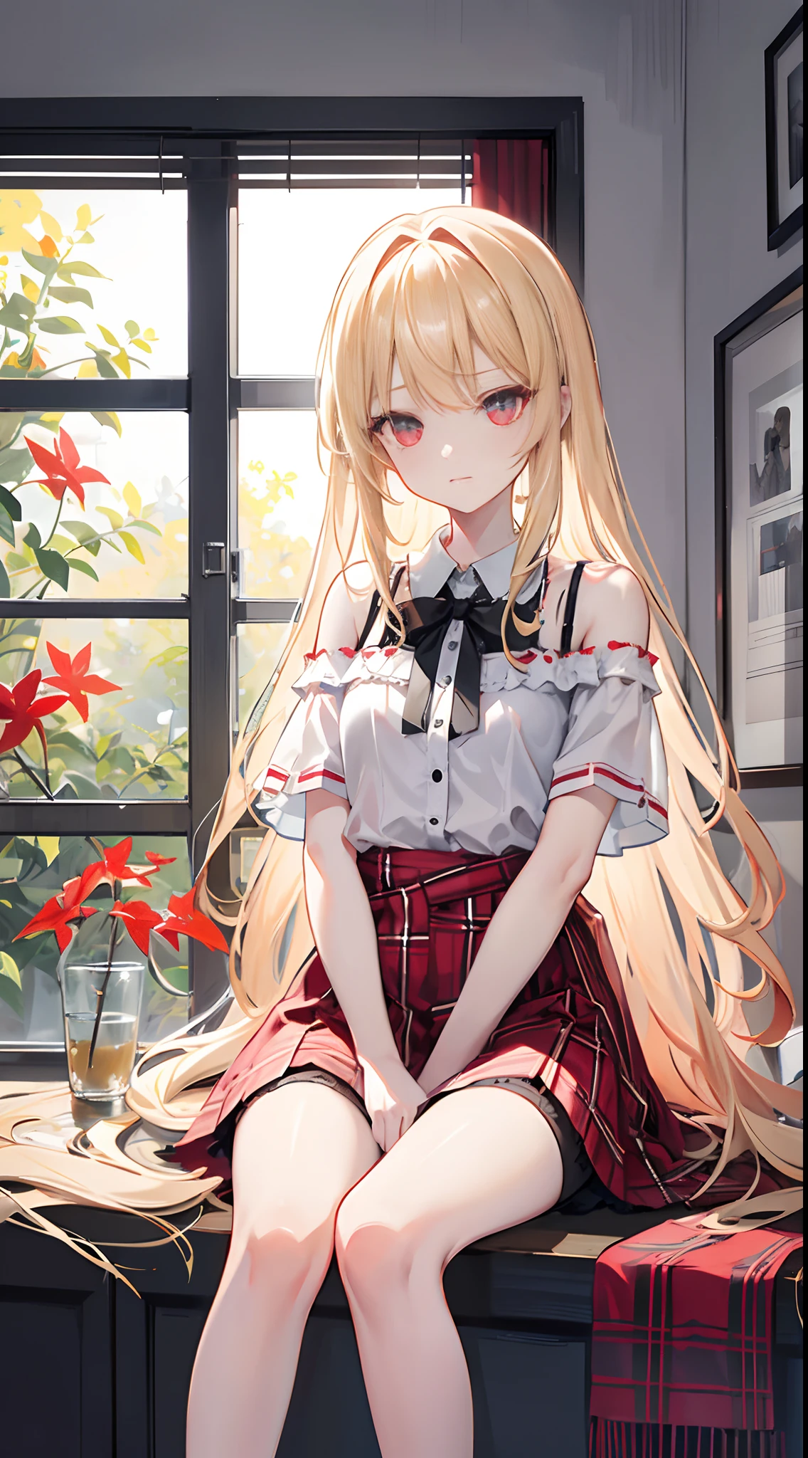 a blond、red eyes、One pretty girl、独奏、animesque、White camisole、a miniskirt、red blush、A sexy、Panchira,Beautiful and perfect legs, Clean and perfect hands
