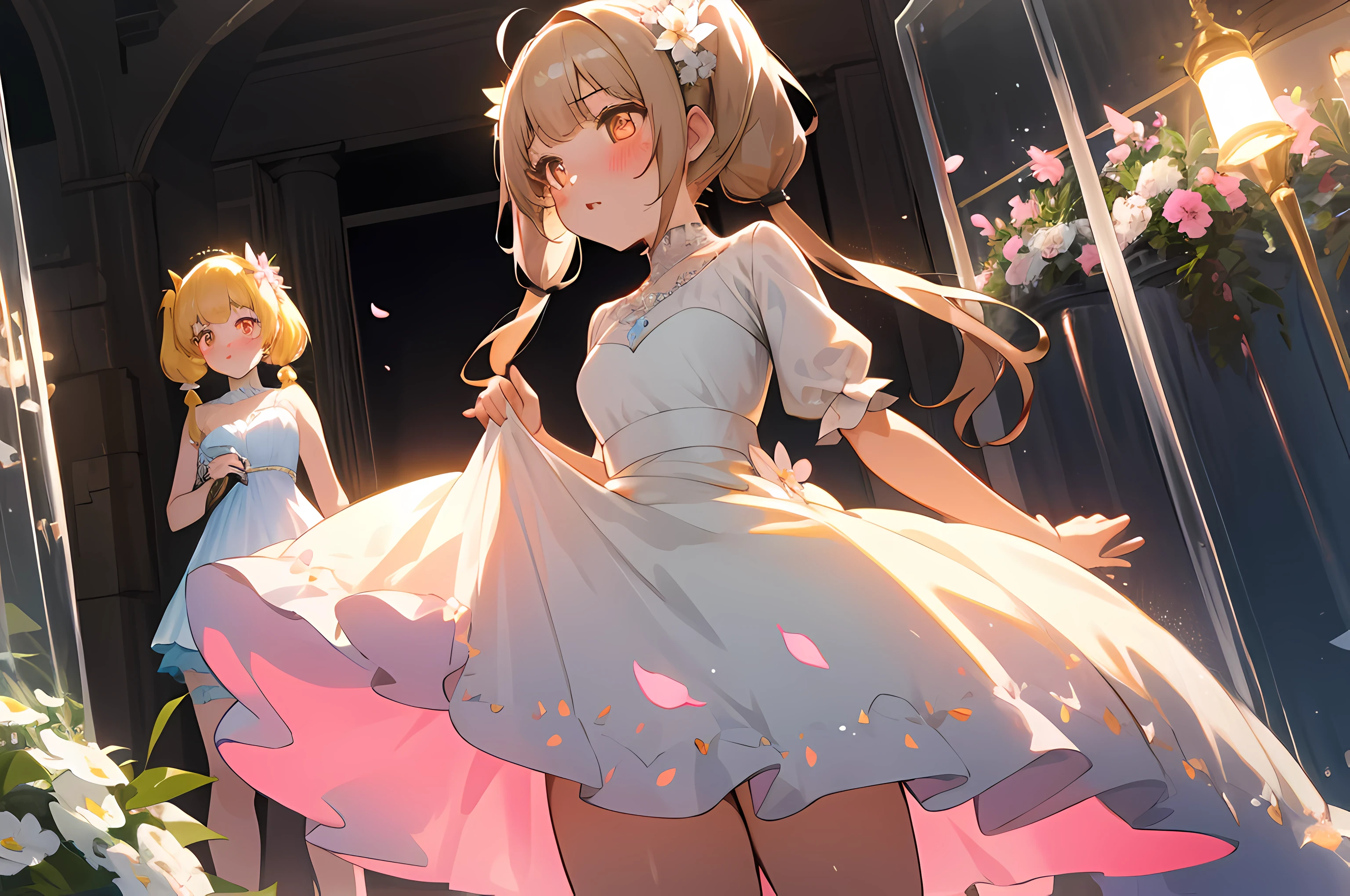 2 girls, blush, twintails, glowing eyes, light dress, transparent dress, dress up, (upskirt), holding dress, showing hips, princess, anatomically correct, flower shop, soft lines, best quality, 8k