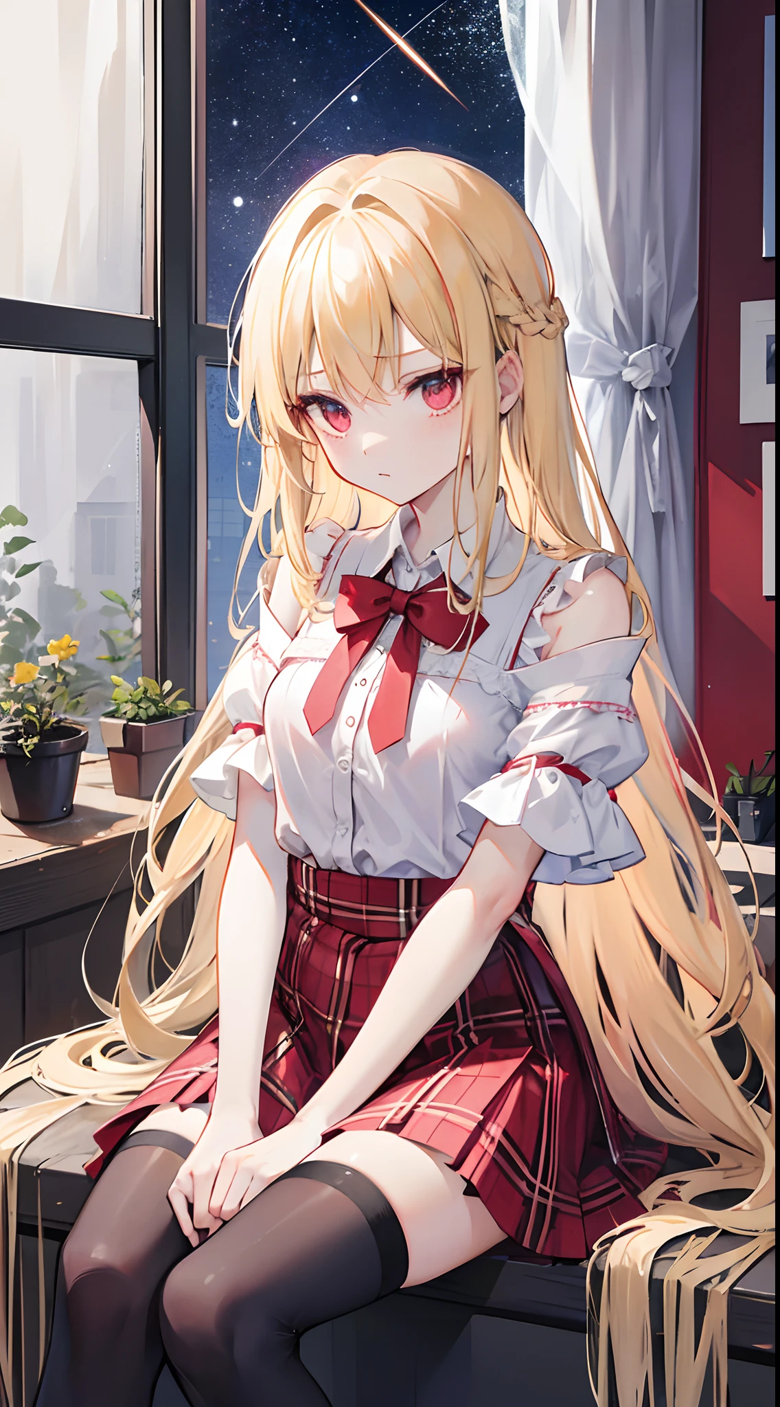 Long blonde hair,Straight hair is emanated,red color eyes,Eye highlights,short plaid skirt,Plaid off-the-shoulder shirt with short sleeves,open waist,black lence stockings,sadness look,Sitting in a small room looking out the window,Sit at your desk,Outside the window, a shooting star streaked by,Girls of medium stature