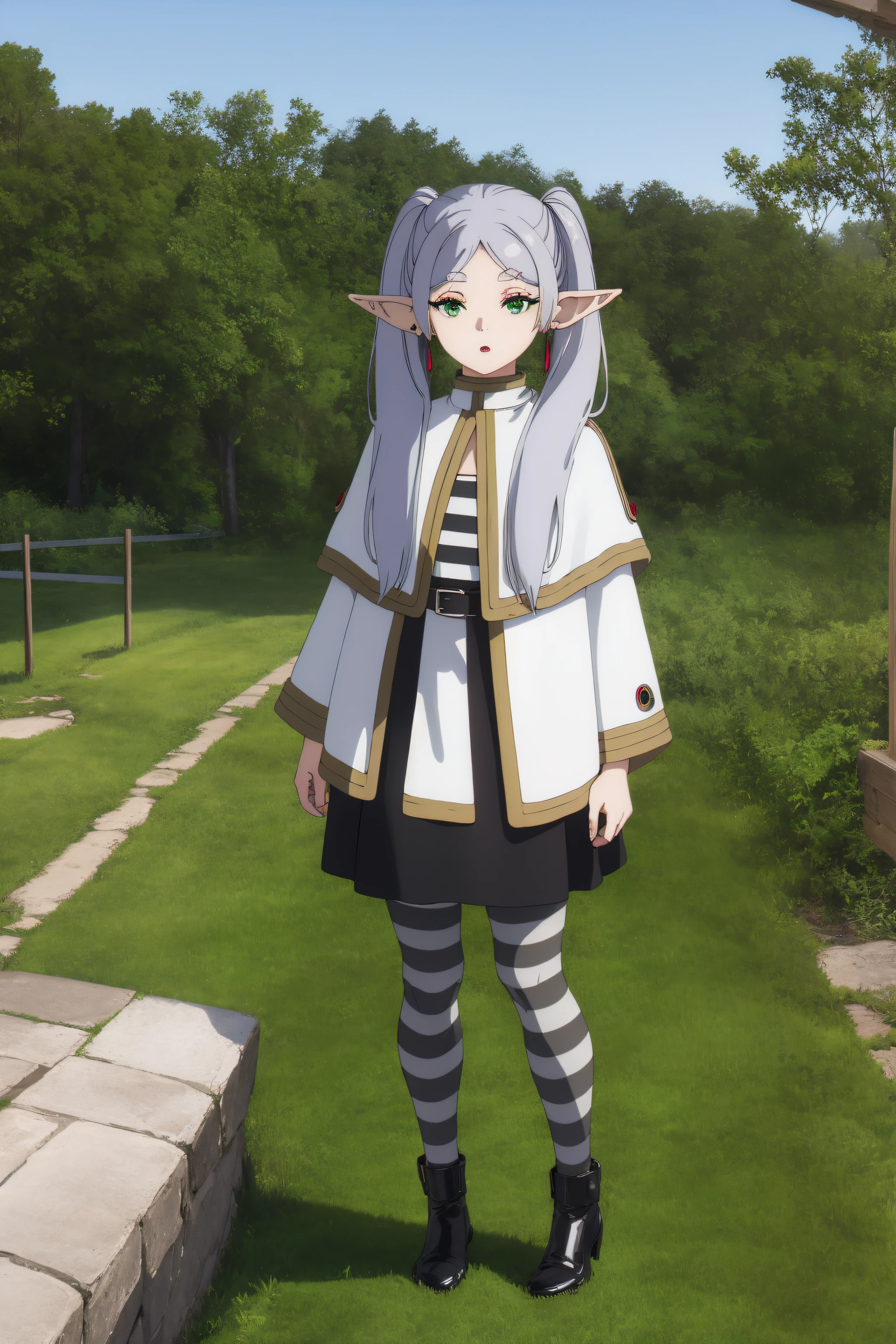 frieren, frieren, long hair, twintails, (green eyes:1.5), grey hair, pointy ears, elf,
BREAK shirt, long sleeves, jewelry, pantyhose, earrings, striped, black pantyhose, capelet, striped shirt,
BREAK looking at viewer, upper body, (full body:1.2),
BREAK outdoors, sky, nature,
BREAK (masterpiece:1.2), best quality, high resolution, unity 8k wallpaper,NSFW ,(illustration:0.8), (beautiful detailed eyes:1.6), extremely detailed face, perfect lighting, extremely detailed CG, (perfect hands, perfect anatomy),