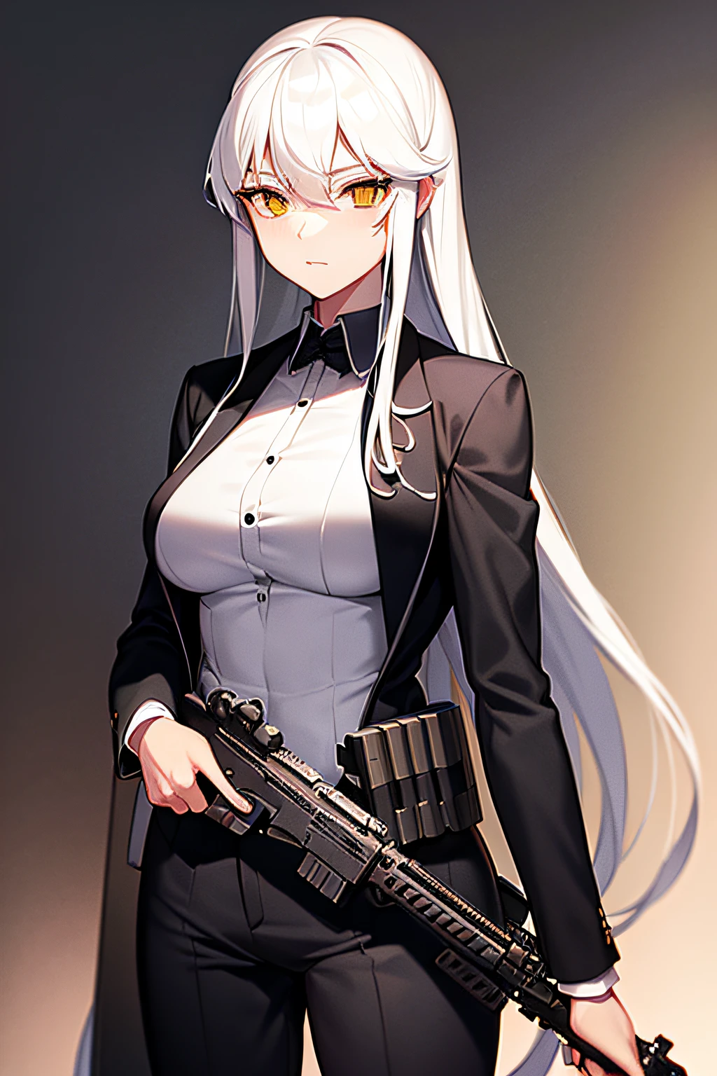 long  white hair，Single horsetail，In black suit，Lady Lady，big breasts beautiful，eye shadows，One-handed rifle，smallunderboob，He was carrying an iron box behind him，hk416，Queen of Arms