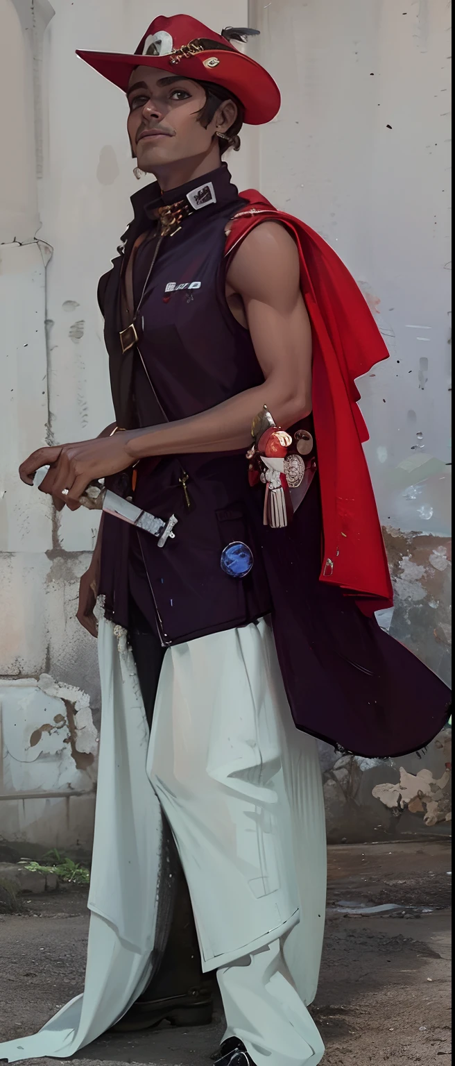 Homem, pele morena,pirata , jaqueta vermelha, Red musketeer hat