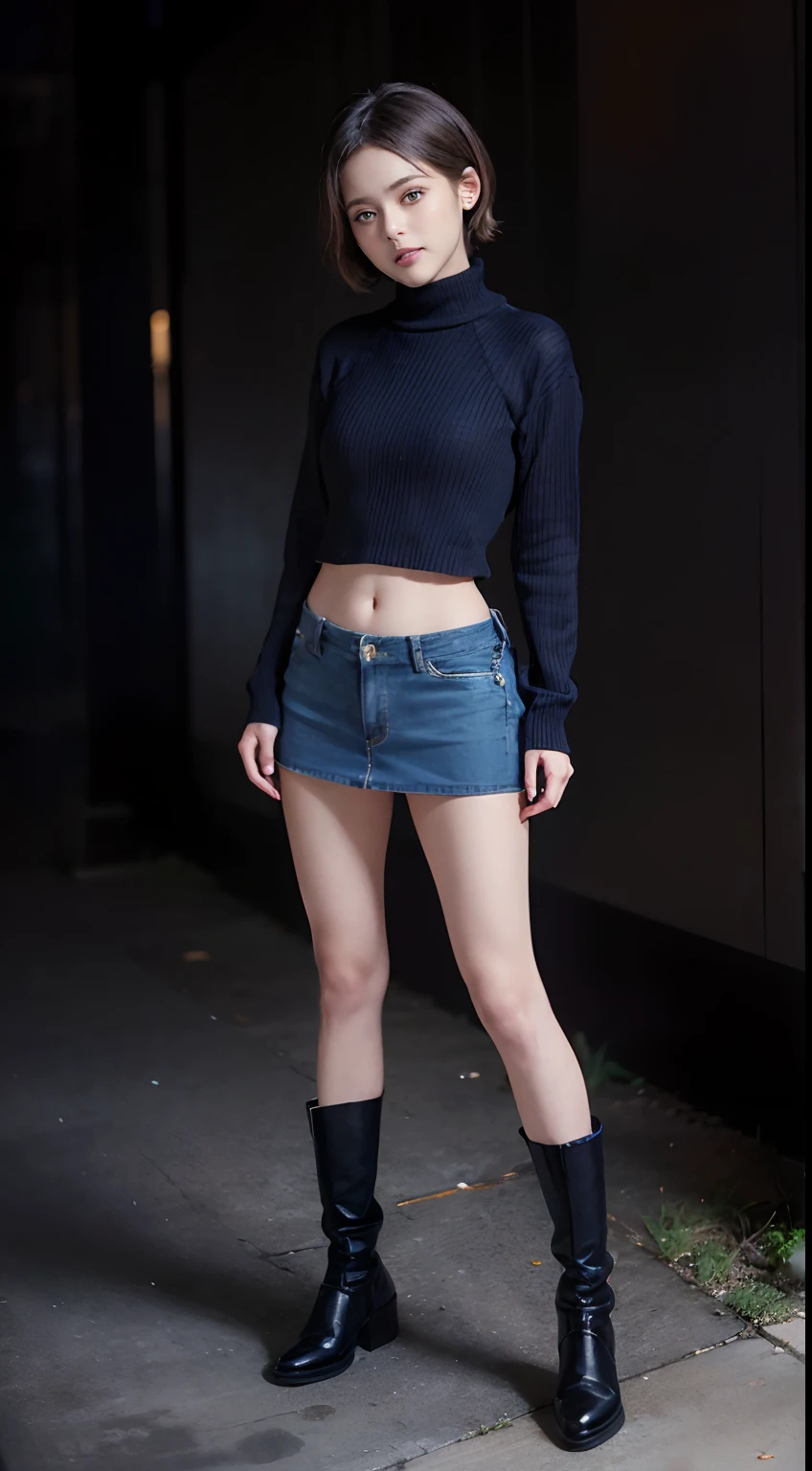 Sweaters、Denim Mini Skirt、full body Esbian、frontage、A slender、(masuter piece:1.3)、(8K、Photorealsitic、Raw photography、top-quality: 1.4)、(1girl in)、美丽的面容、(Lifelike face)、(A dark-haired、short-hair:1.3)、Beautiful hairstyle、realisticeyes、Beautiful details、(real looking skin)、Beautiful skins、(Sweaters)、absurderes、enticing、超A high resolution、A hyper-realistic、high-detail、the golden ratio、((wide open abdomen))、((open abdomen))、((wide open navel))、((open navel))、((Bare belly))、((Mid-Riff Sweater))、((Mid-Riff Sweater))、((Ultra-low rise、Denim Mini Skirt))、 ((Navel Ejection))、((small hips))、((long limbs))、((Full body depiction))、((small hip))、(long boots)、((Ultra-low rise))、((Denim Mini Skirt))、((is standing))、 ((wide open abdomen))、((open abdomen))、((wide open navel))、((open navel))、((Bare belly))、((Mid-Riff Sweater))、((Ultra-low rise、Denim Mini Skirt))、 ((Navel Ejection))、((small hips))、((Full body depiction))、((small hip))、(boots)、((Ultra-low rise))、((Denim Mini Skirt))、((is standing))、
