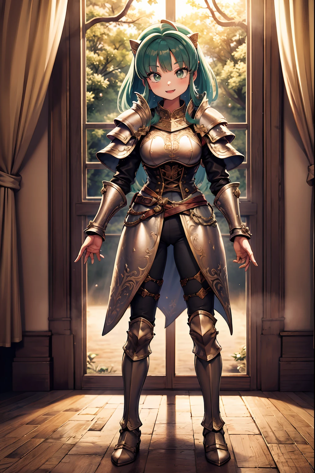masterpiece, best quality,medieval armor, corset, breastplate,lum, , urusei yatsura, cloak, pants, pullover, kimono,martial pov,, pantyhose, sharpteeth, standing,smile, matial art,, full body, boots , pant, medium breast, pants, pullover,martial pov,god rays, ray tracing, sparkle, cinematic lighting, UHD, retina, masterpiece, ccurate, anatomically correct, textured skin, super detail, high details, high quality, award winning, best quality, highres, 1080P, HD, 4K, thunder aura, light aura