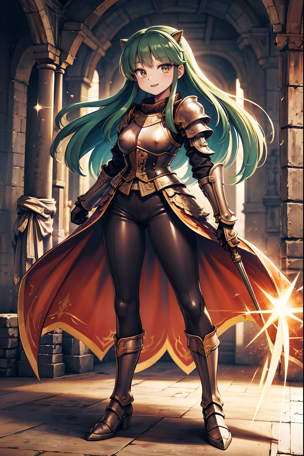 masterpiece, best quality,medieval armor, corset, breastplate,lum, , urusei yatsura, cloak, pants, pullover, kimono,martial pov,, pantyhose, sharpteeth, standing,smile, matial art,, full body, boots , pant, medium breast, pants, pullover,martial pov,god rays, ray tracing, sparkle, cinematic lighting, UHD, retina, masterpiece, ccurate, anatomically correct, textured skin, super detail, high details, high quality, award winning, best quality, highres, 1080P, HD, 4K, thunder aura, light aura
