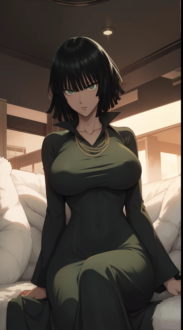 Anime art style, Fubuki from one punch man, green hair, white skin, detailed eyes, wearing V-neck dress, sitting on sofa, surrounded by black suited men, black suited bodyguards around her, crowd area, front boobs visible slightly, cinematic lights, blushing cheeks, horney face, smilling, big breast, beautiful scenery