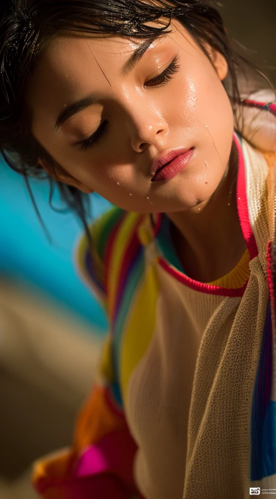 (Aesthetic, Hi-Res: 1.2), Professional Photographer, Exposed Art, intimate moments, Sexually liberated, Passionate mood, fascinated expression, Subtle features, sensual lip, Wet lips, Half-closed seductive eyes, exposed clothes, alluring glance, suggestive pose, strong lighting, Vivid colors, Intimate environment, eroticism , Provocative lower body visuals, Southland, the beach