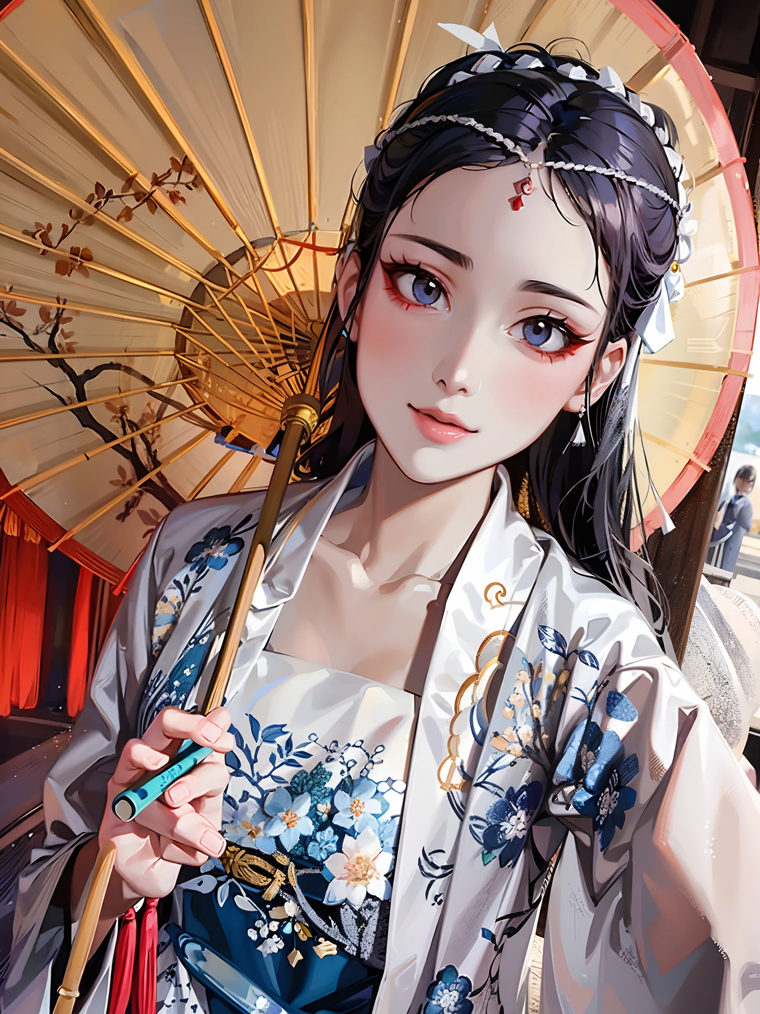 Hold an umbrella and smile,White Hanfu,Chinese style, A girl in Hanfu,Hanfu,with acient chinese clothes,Chinese girl,Inspired by Qiu Ying,beautiful  face,beautidful eyes,ultra clear details