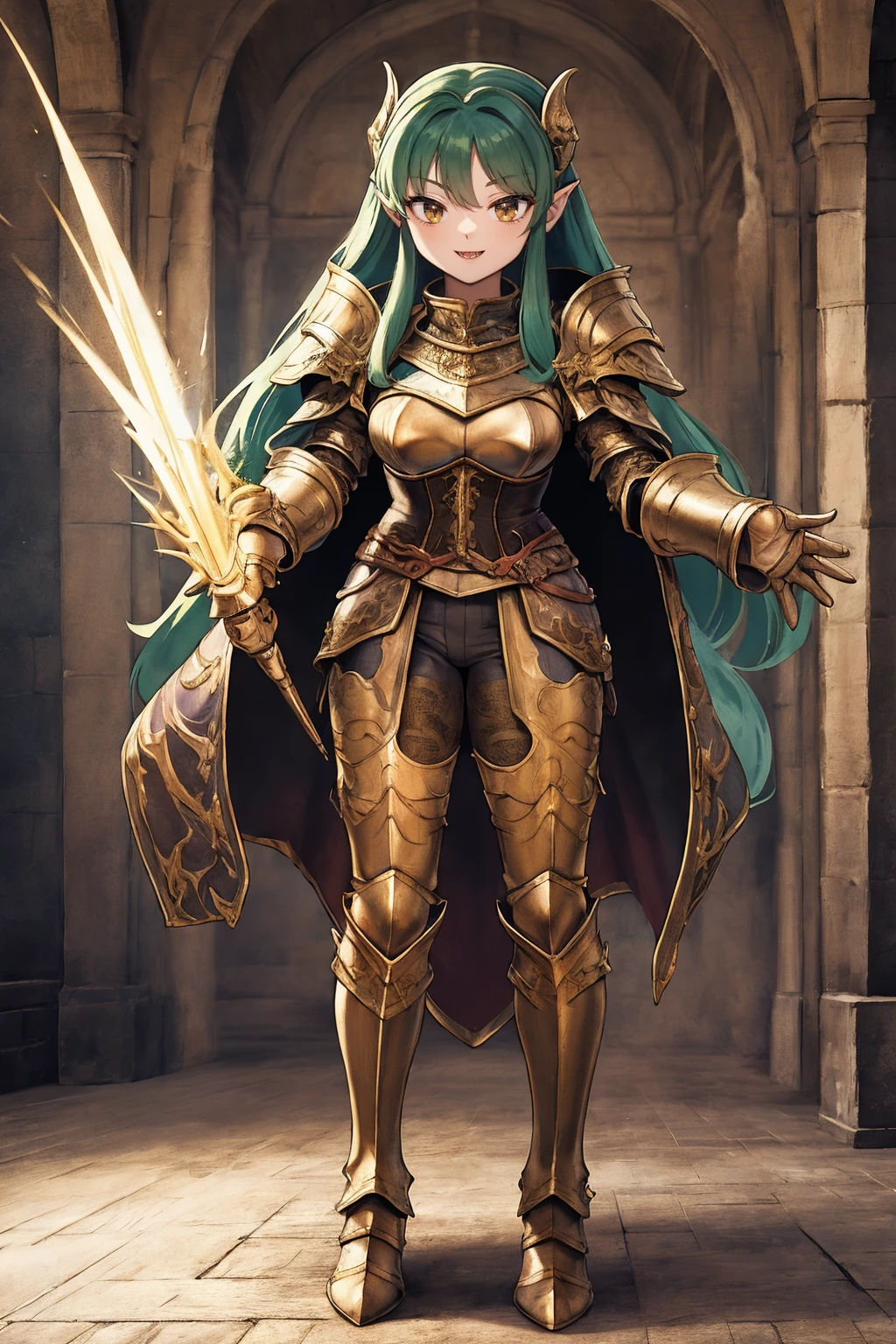masterpiece, best quality,medieval armor, corset, breastplate,lum, , urusei yatsura, cloak, pants, pullover, kimono,martial pov,, pantyhose, sharpteeth, standing,smile, matial art, sword holding, full body, boots , pant, medium breast, pants, paladin, pulover