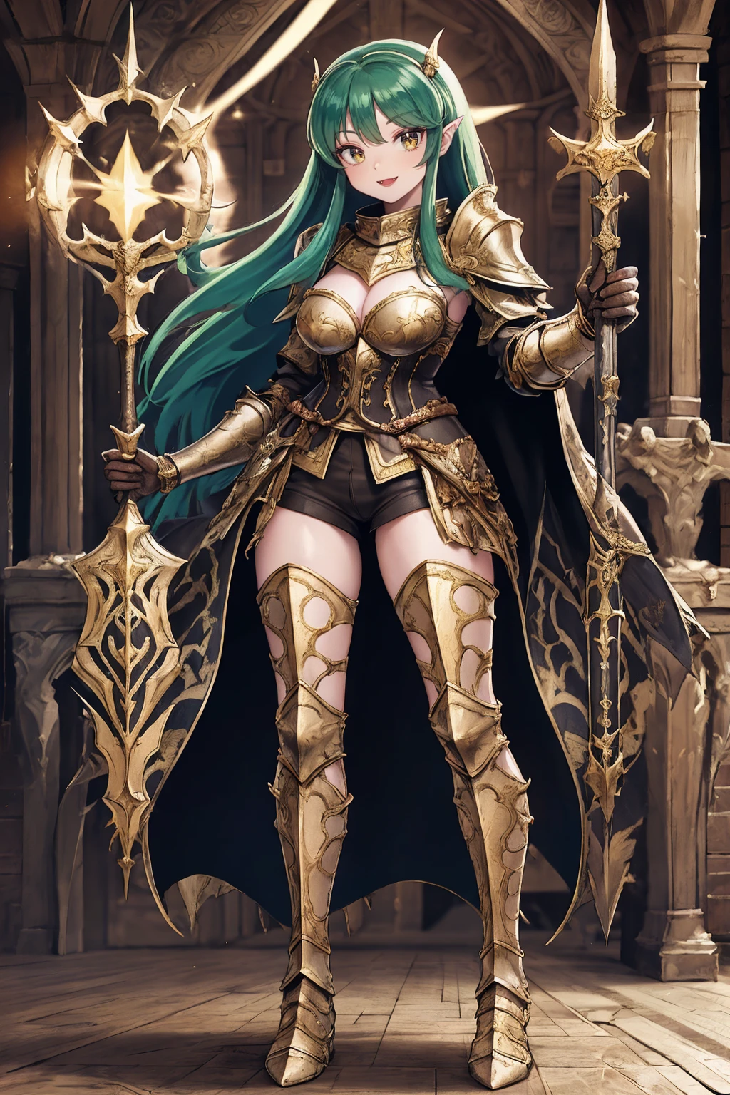 masterpiece, best quality,medieval armor, corset, breastplate,lum, , urusei yatsura, cloak, pants, pullover, kimono,martial pov,, pantyhose, sharpteeth, standing,smile, matial art,, full body, boots , pant, medium breast, pants, pullover,martial pov,god rays, ray tracing, sparkle, cinematic lighting, UHD, retina, masterpiece, ccurate, anatomically correct, textured skin, super detail, high details, high quality, award winning, best quality, highres, 1080P, HD, 4K, thunder aura, light aura