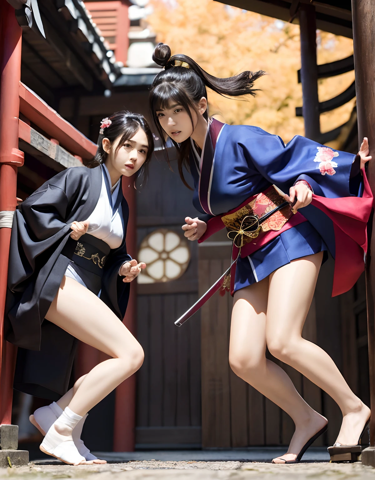 (top-quality、8K、32K、​masterpiece、超A high resolution、nffsw:1.3)、(Japan idol:1.3)、1girl in、(Colossal tits:1.25)、(short-hair)、abdominals、the perfect body、((Takan Ninja)), Delicate facial features, Ultra-realistic, Hyper-realistic, 鎖骨、Shadow、octan render、(((Mystical expression))),((Wear a beautiful kimono)),hyperdetailed face、Detailed lips、finely eye、二重まぶた、(魅惑的)、((agitation:1.5))、maikurobikini、((super realistic details))、portlate、globalillumination、（sexypose）、Shadow、octan render、8K、((Navel))、Armpit、、Details of complex ornaments、Japan details、highly intricate detail、Realistic light、CGSoation Trends、((Female ninja)),Kunoichi Ninja、Throw shurikens、Japan holding a sword、Mystical expression、shrine background、Old Town of Japan、((heavy breasts)),(((Fierce battles with ninjas))),(((Toostock))),highcontrast、(((Full Body Angle))),Colorful kimono、