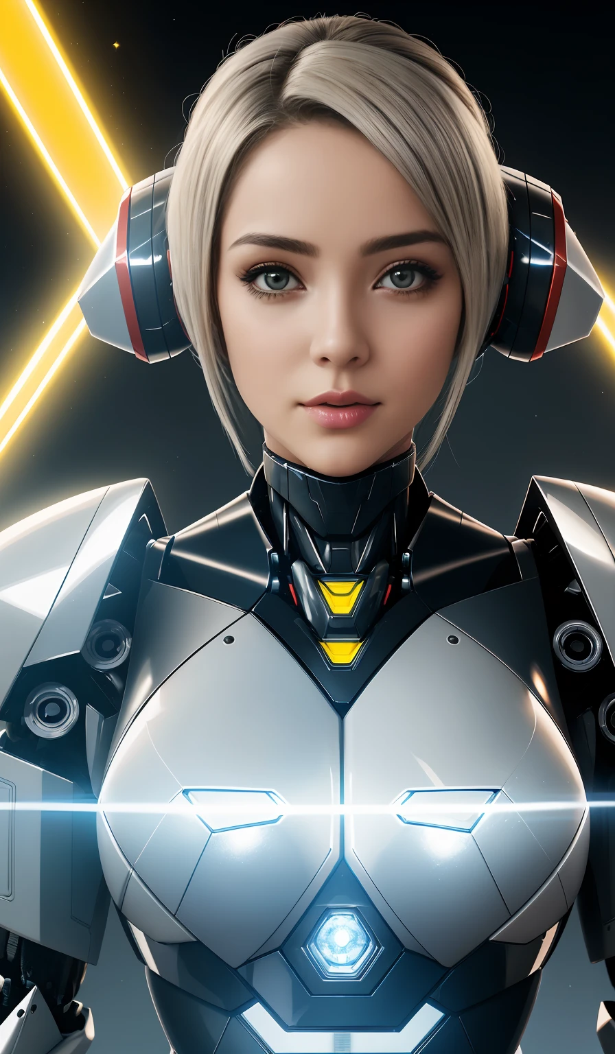 ((robot girl, Mecha)), olhos brilhantes, rosto delicado, armadura quebrada, mechanical aura, mechanical arm, cabelos grisalhos, cabelos longos, ceramic body, lacuna na coxa, peito pequeno, cyber background, cidade muito boa, (translucent, Pele reflexiva), 8k, best quality, ultra-detalhado, (Surrealismo: 1.4),